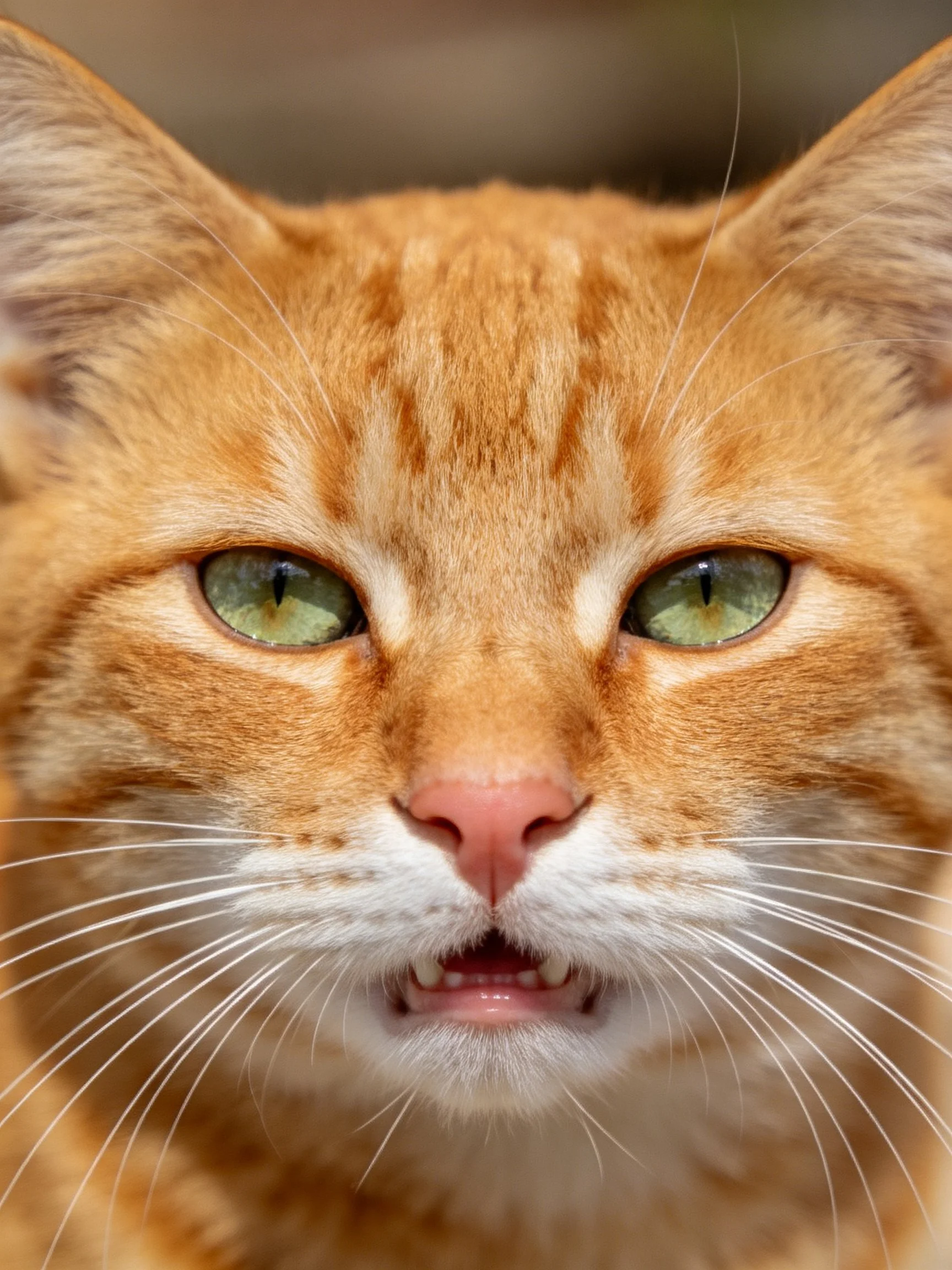 A close - up reveals an orange tabby cat with striking green eyes.