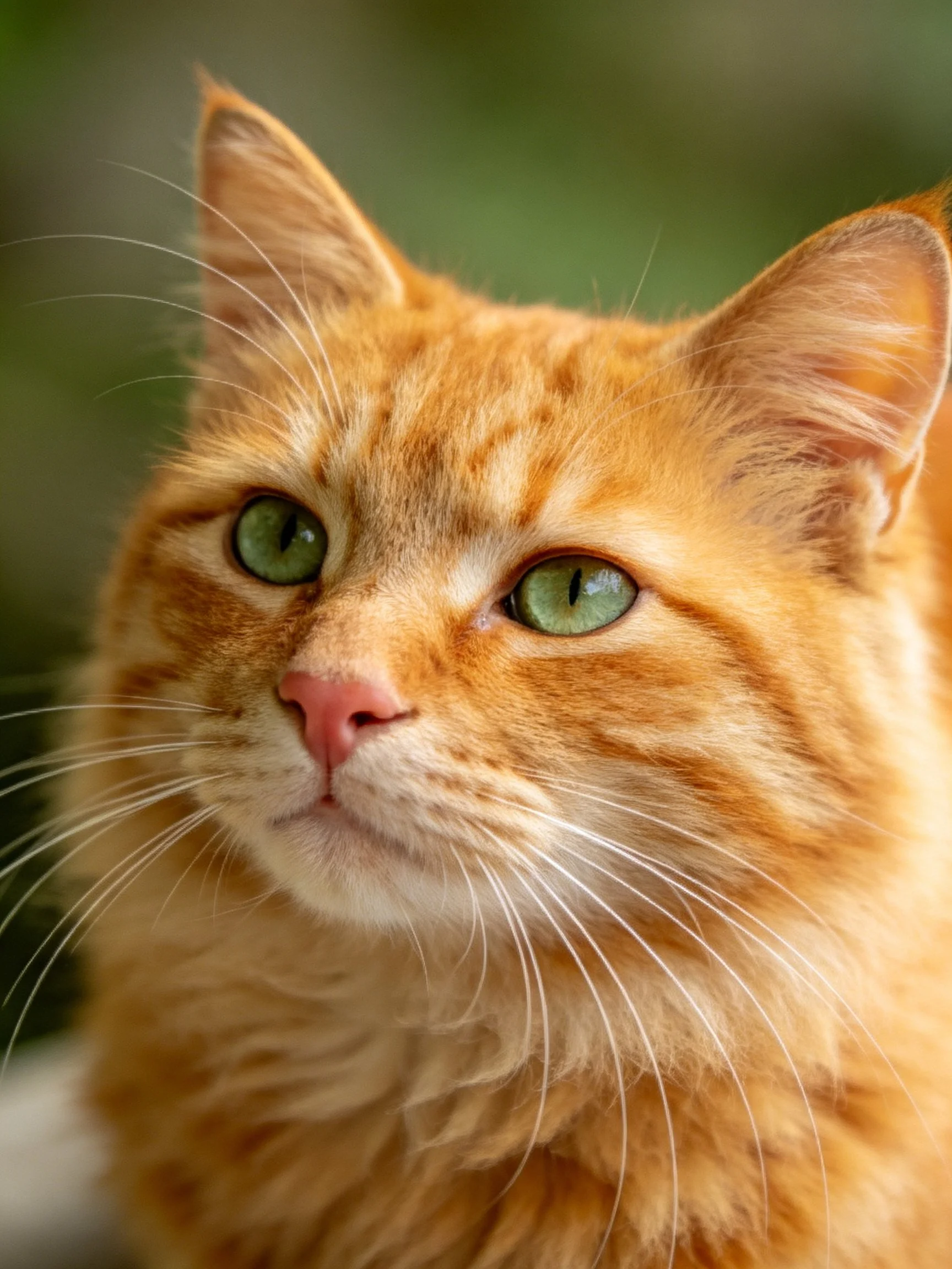 A close-up highlights an orange tabby cat with vivid green eyes.