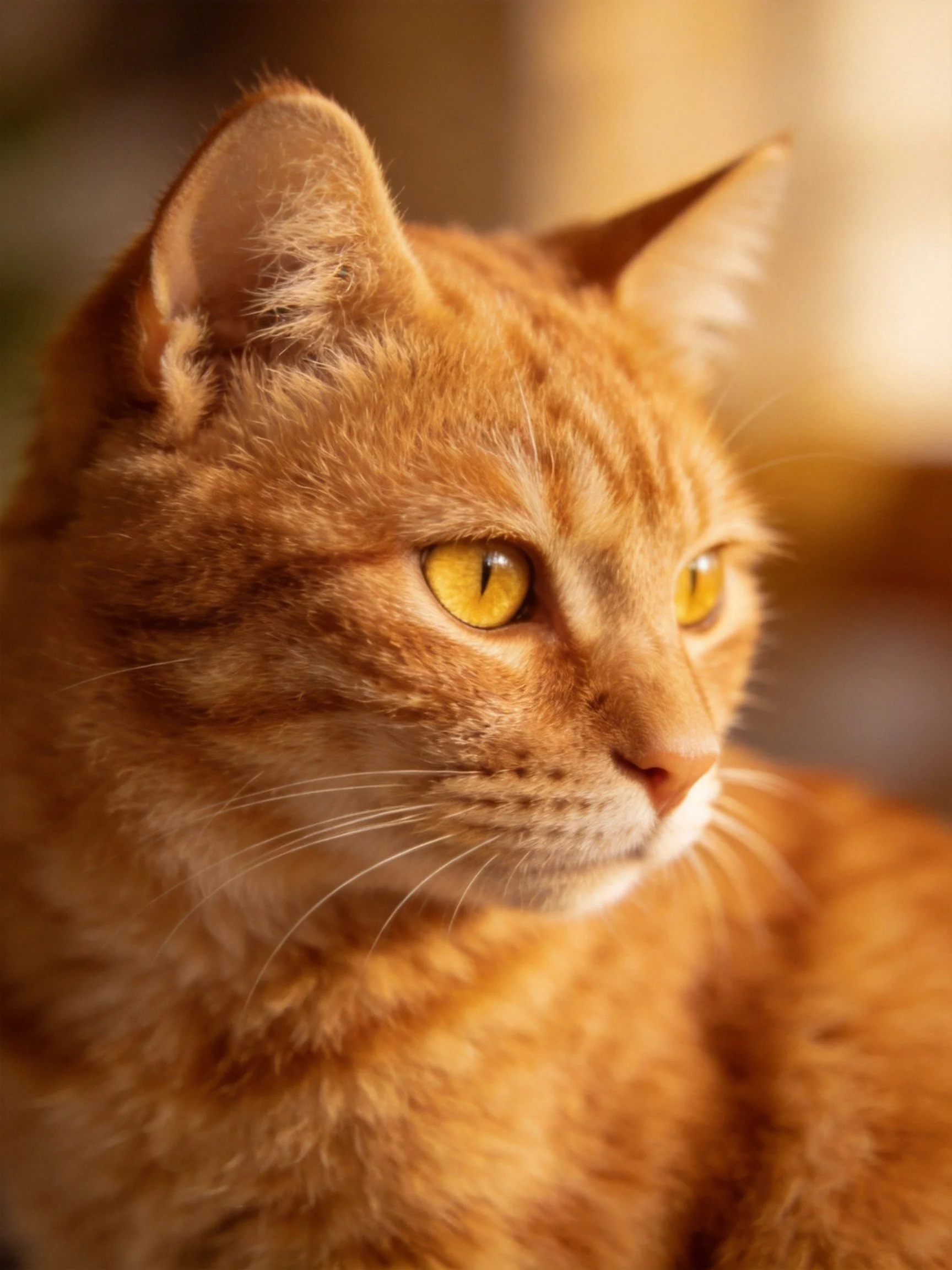 An orange tabby cat gazes thoughtfully in softly lit surroundings