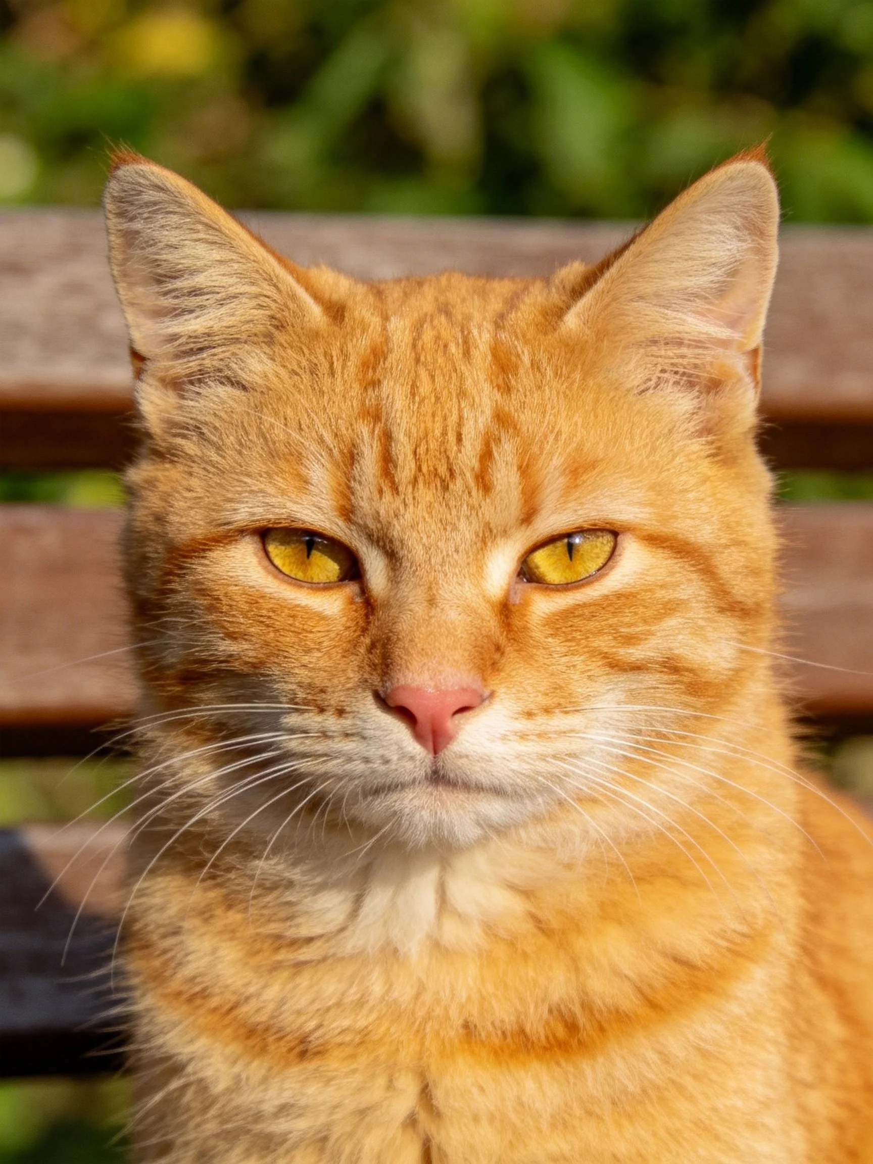 A close-up shows an orange tabby cat with bright yellow eyes.