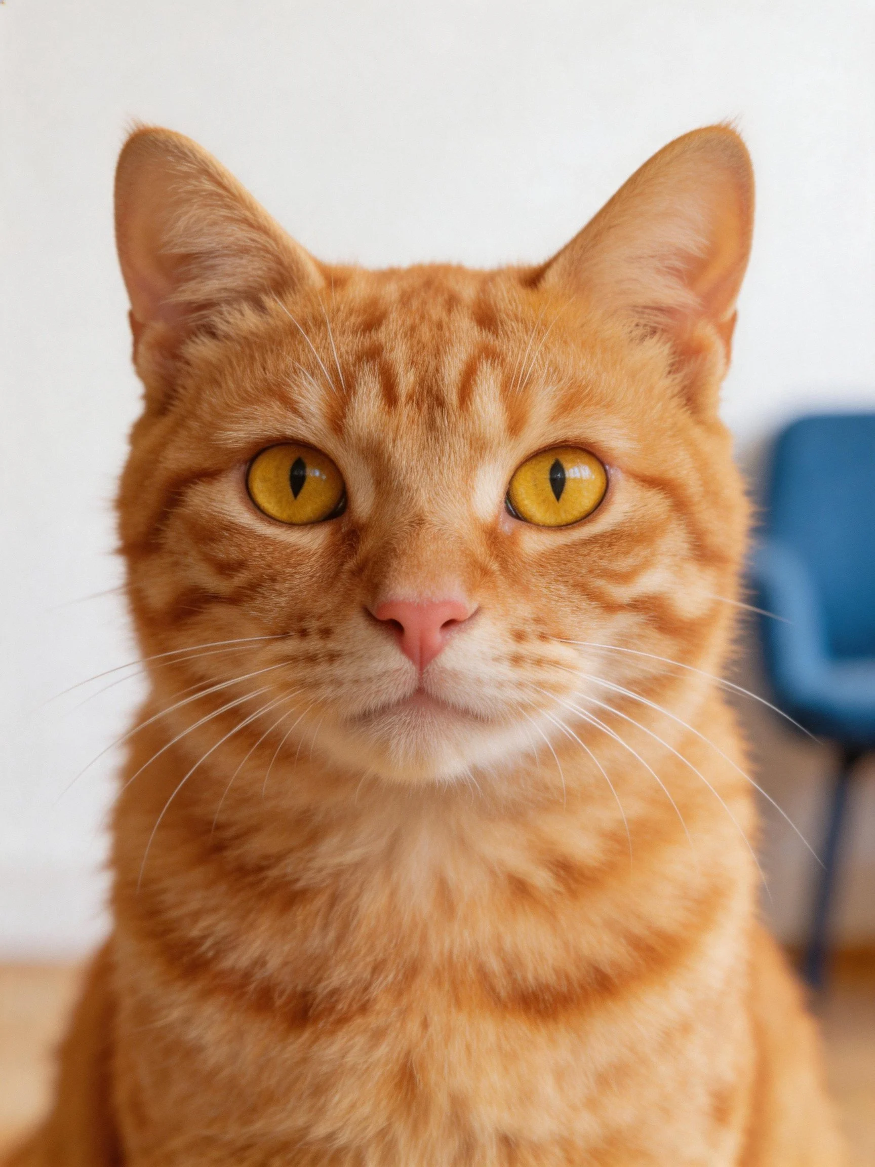 An orange tabby cat with bright yellow eyes is shown up close.