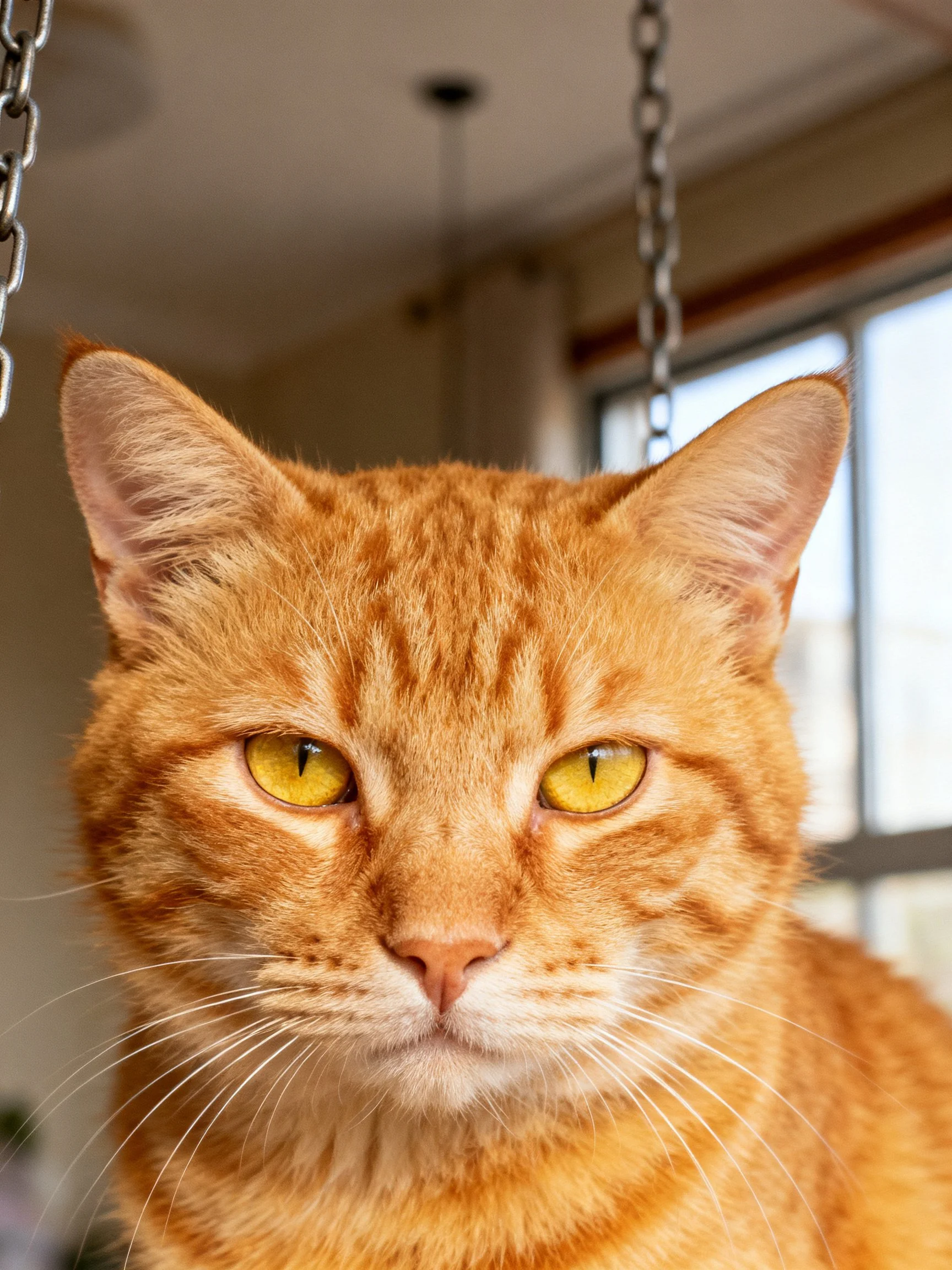 An orange tabby cat with bright yellow eyes is near metal chains indoors.