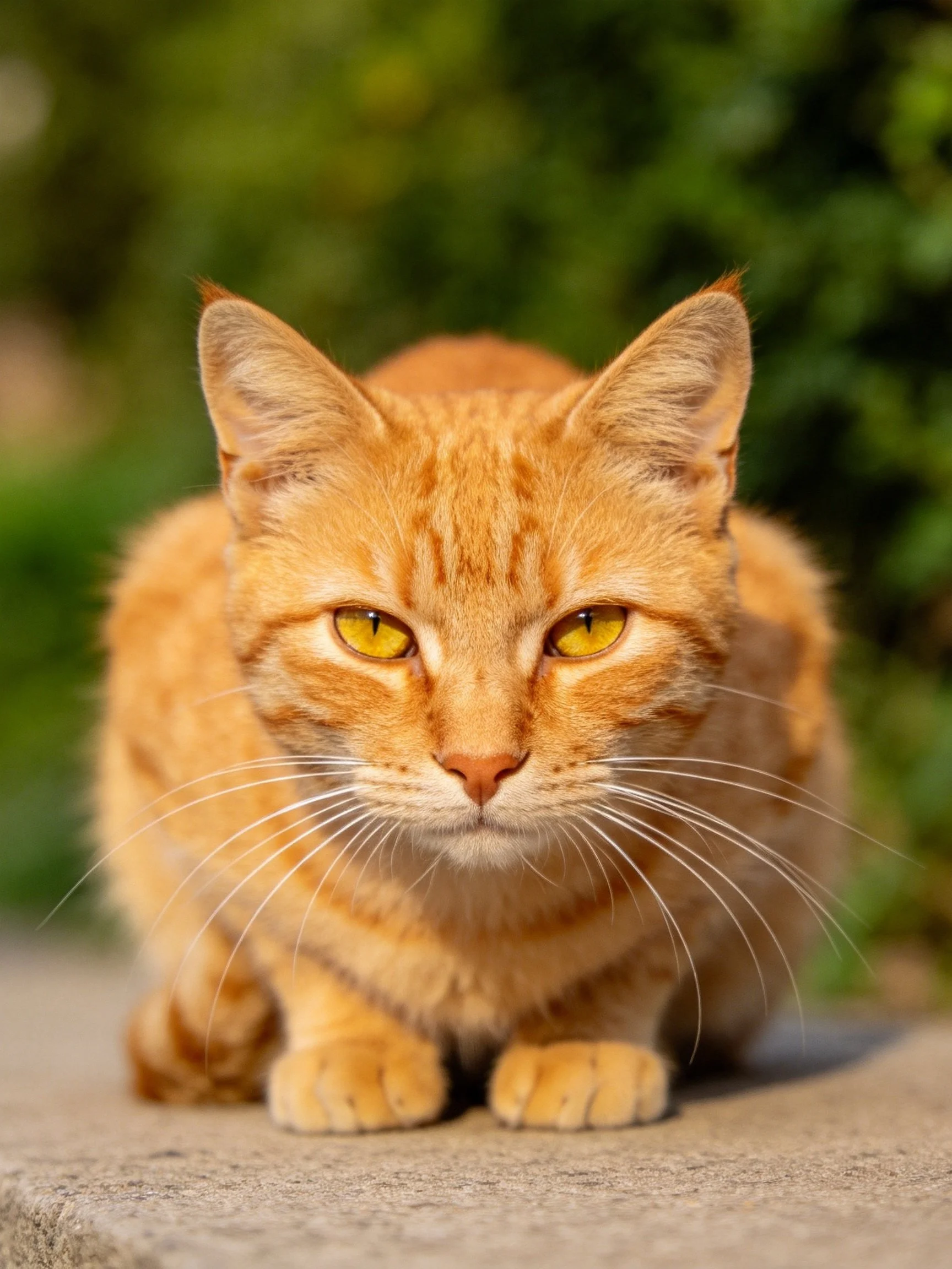 Orange tabby cat with yellow eyes sits on concrete amid blurred greenery.