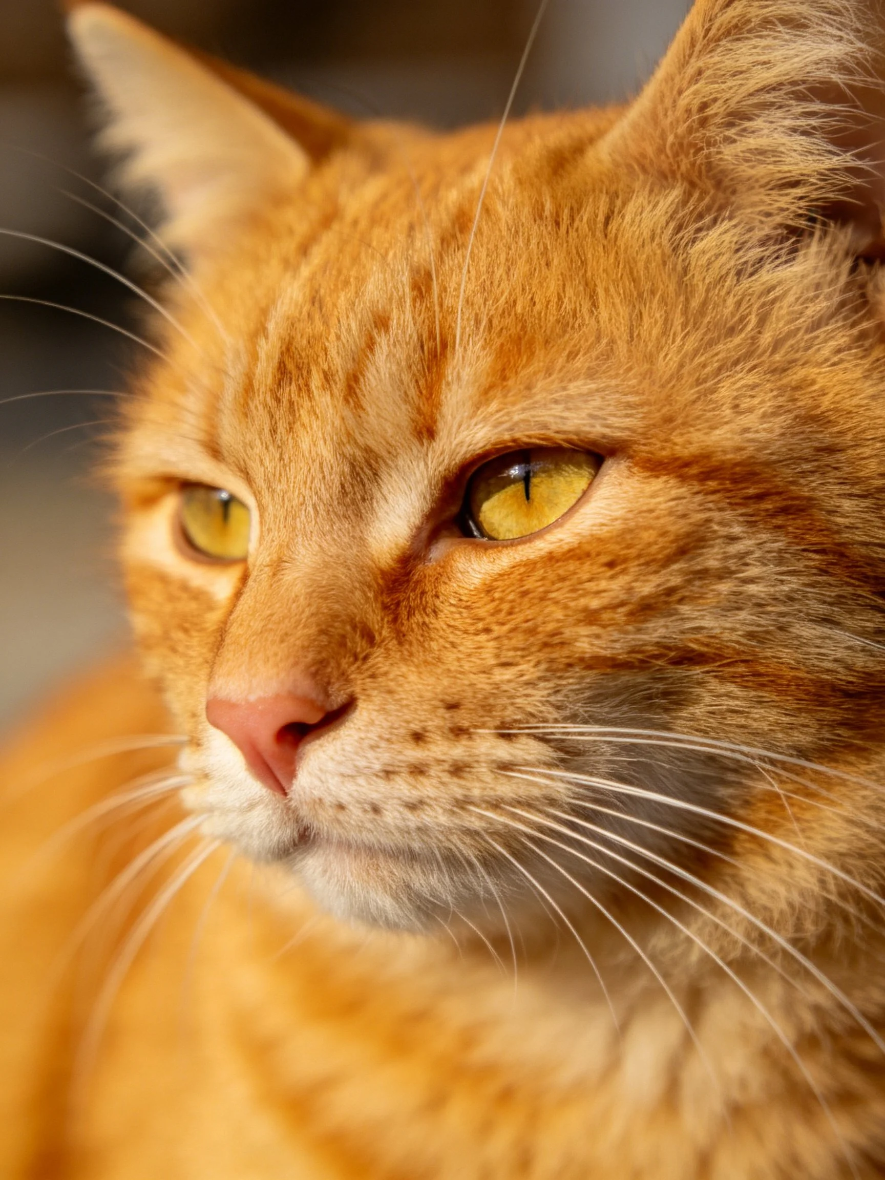 A close-up captures an orange tabby cat’s vivid yellow eyes.