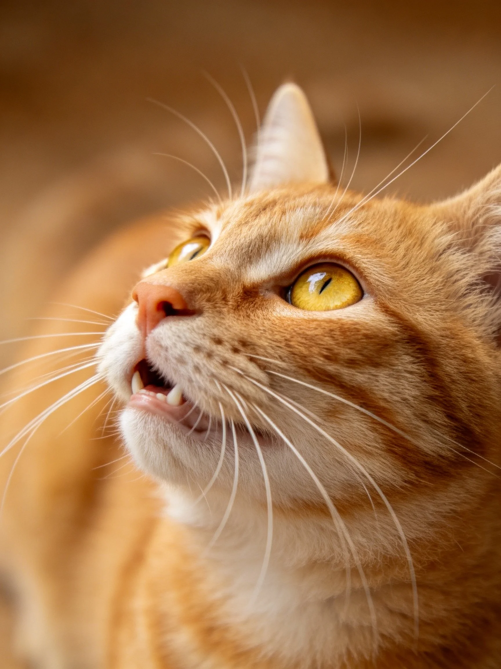 A close-up of an orange tabby cat with bright yellow eyes looking upward.