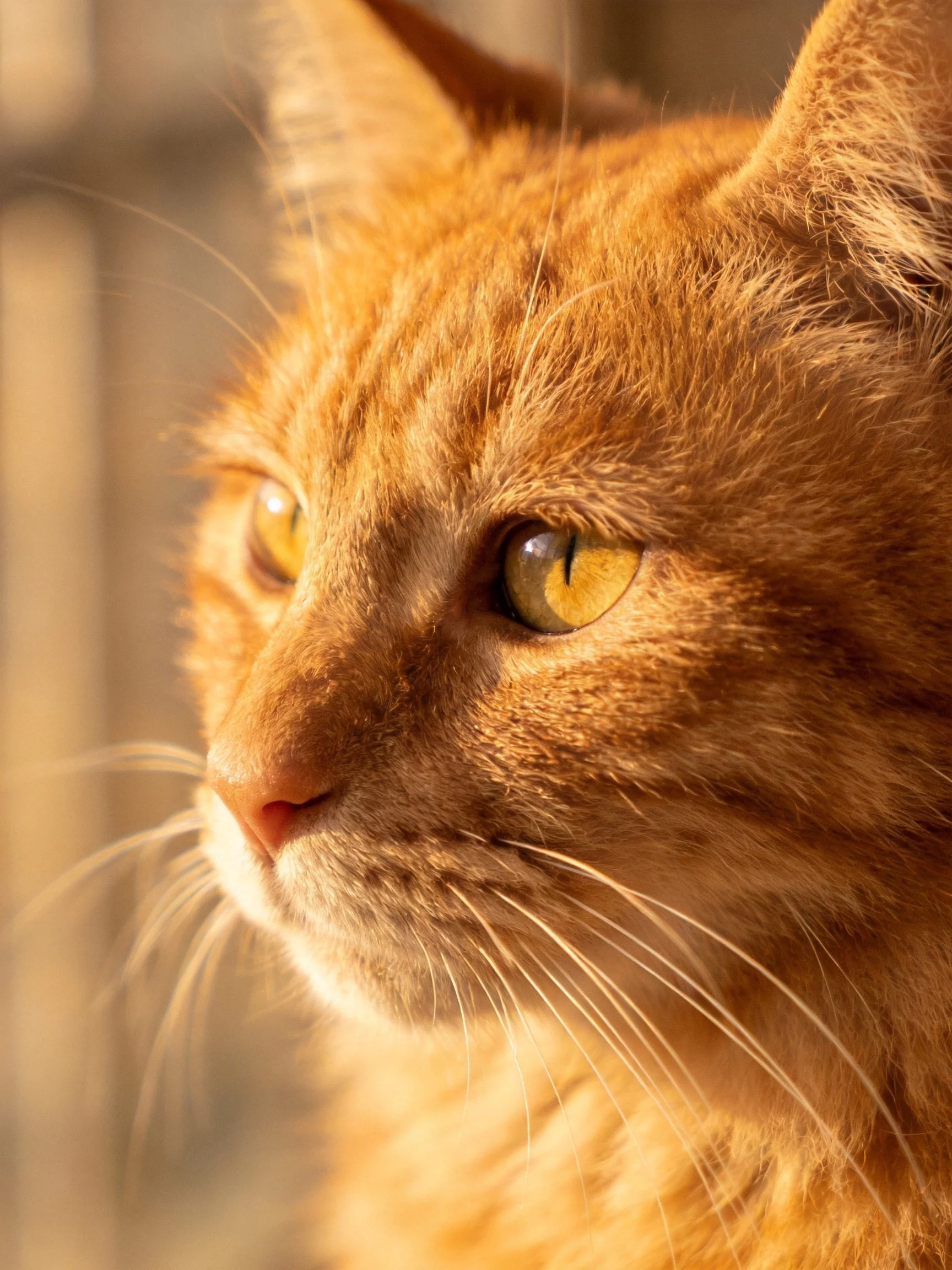 A close-up showcases an orange tabby cat with vivid yellow eyes.