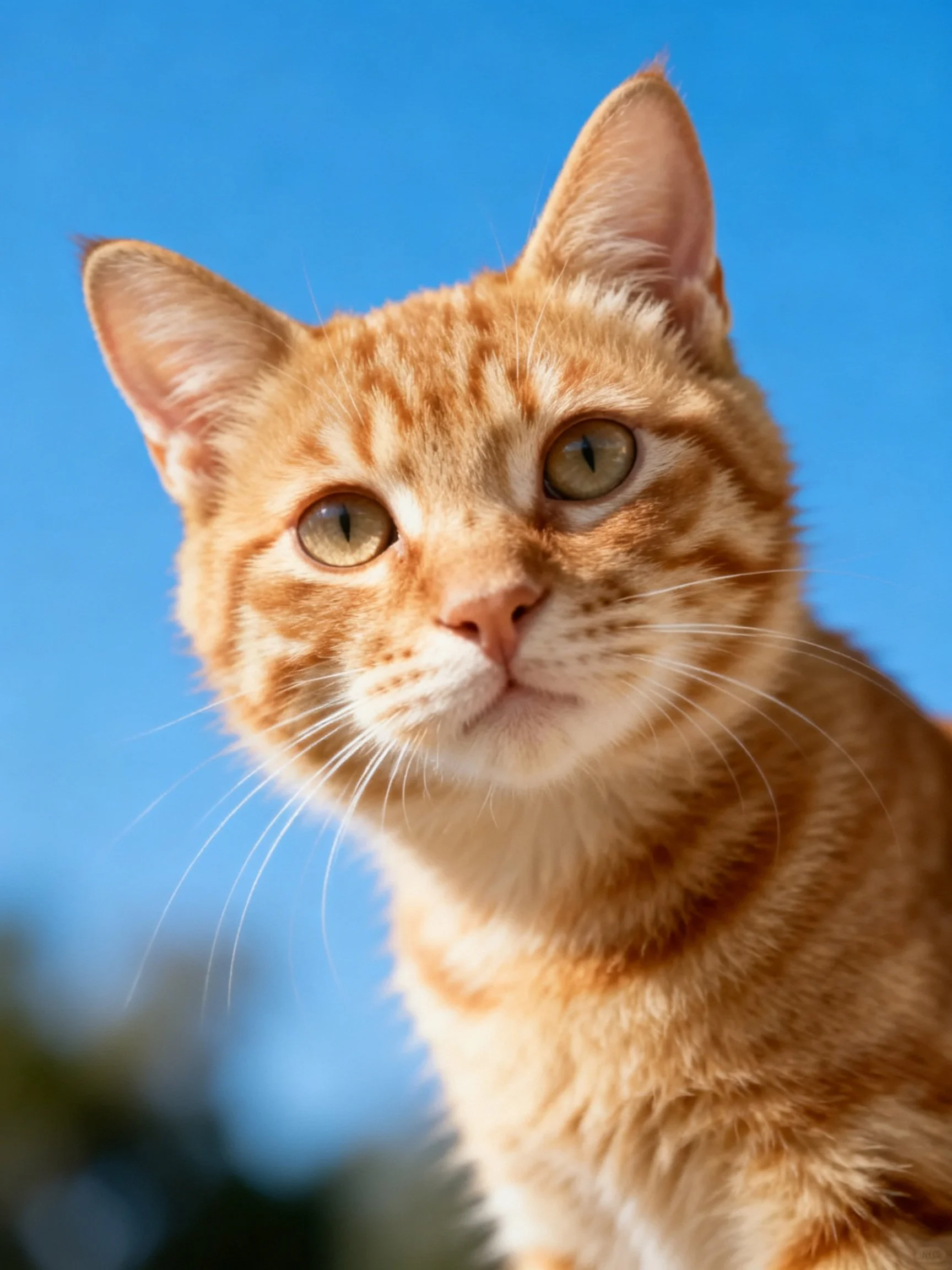 An orange tabby cat with green eyes is photographed up close against a bright blue sky.