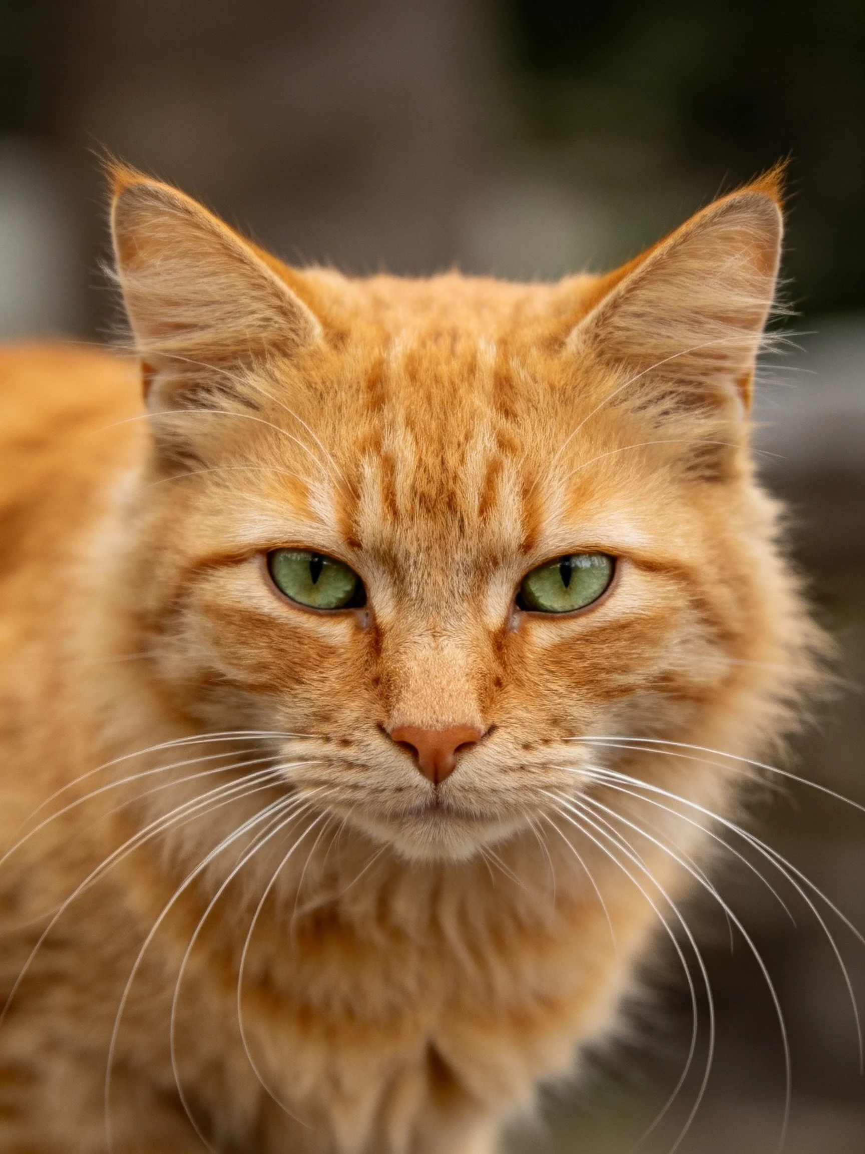 A close-up reveals an orange tabby cat with green eyes.