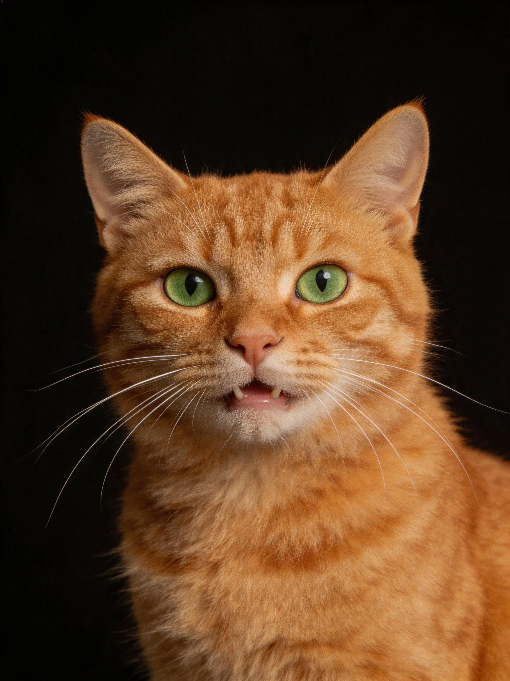 Orange tabby cat with green eyes photographed against a black background.