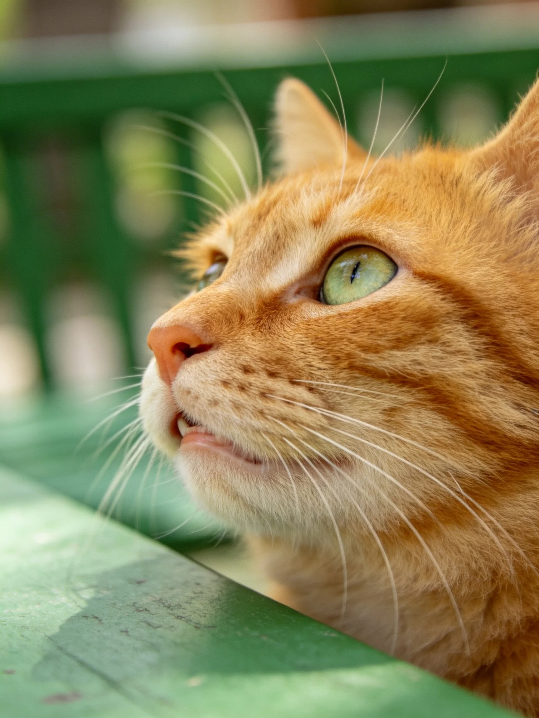 An orange tabby cat with green eyes looks upward beside a green outdoor railing.