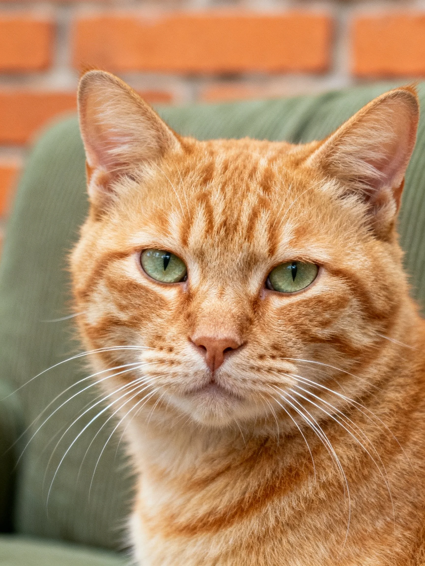 A close-up of an orange tabby cat with green eyes sits on a green couch near a brick wall