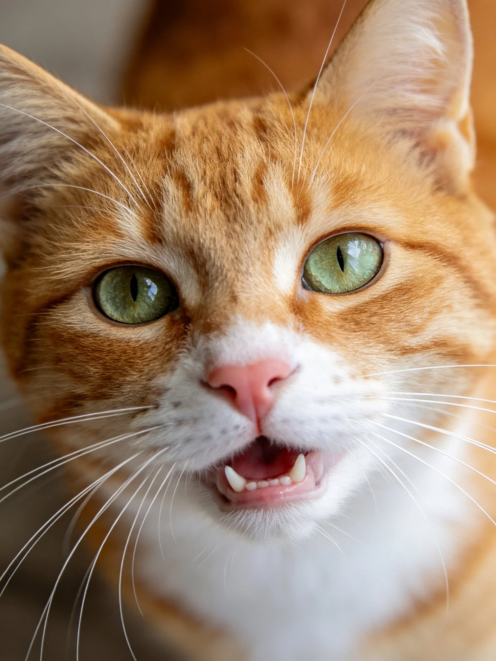 An orange tabby cat with green eyes is shown in close-up.