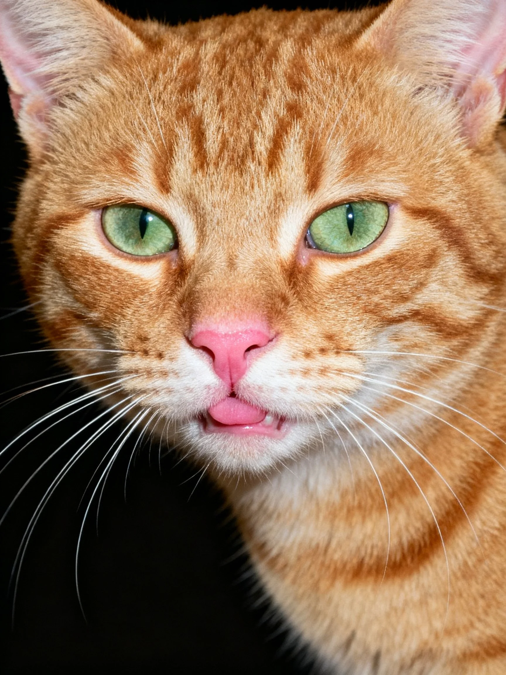 A close-up photograph of an orange tabby cat with green eyes.