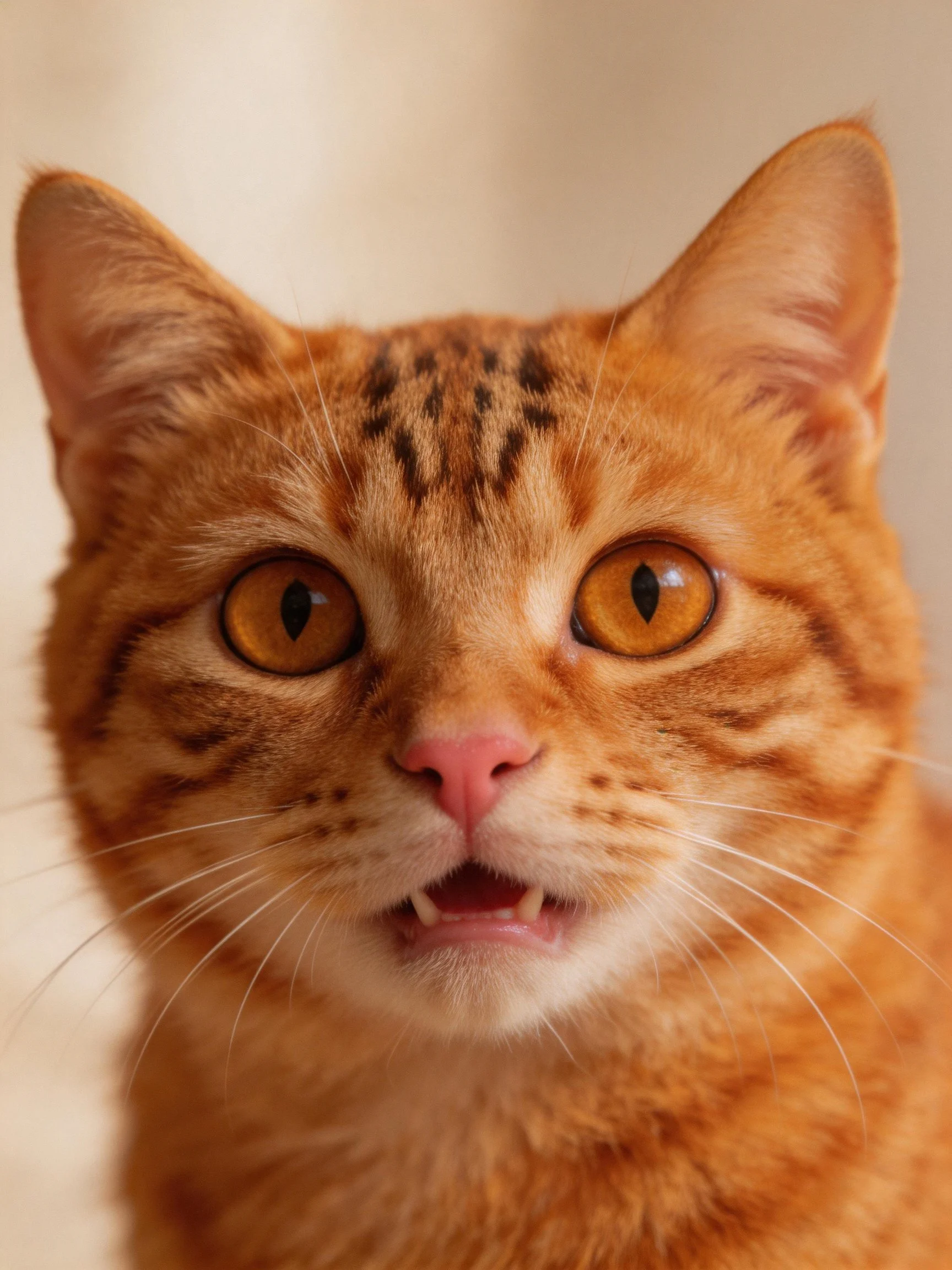 An orange tabby cat with large amber eyes is shown up-close in a focused photograph.