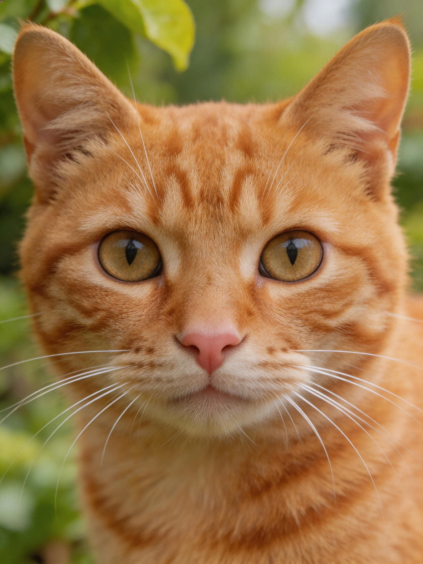 An orange tabby cat with large amber eyes is captured in a close - up.