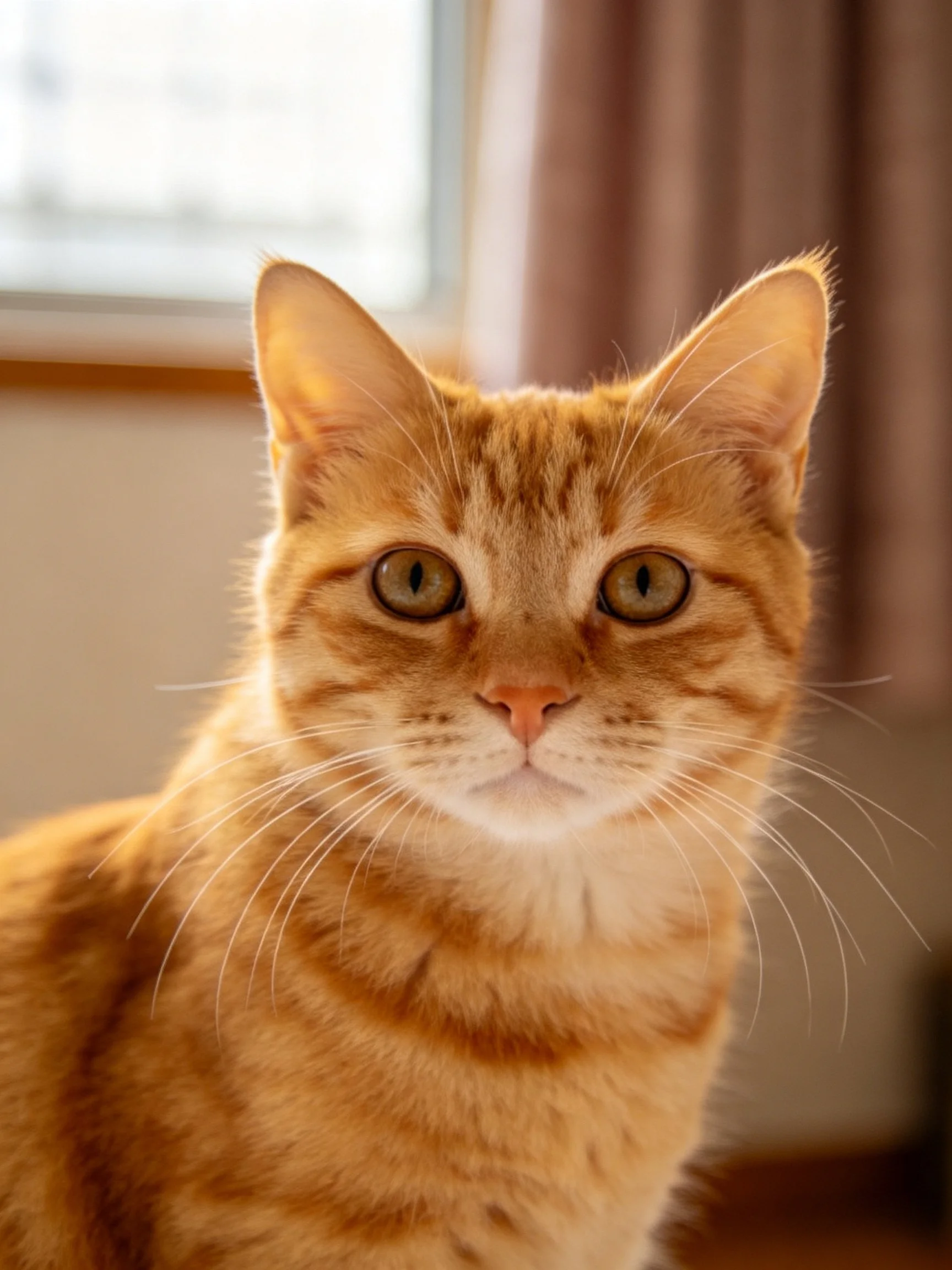 A close-up of an orange tabby cat with large green eyes in a softly lit room.
