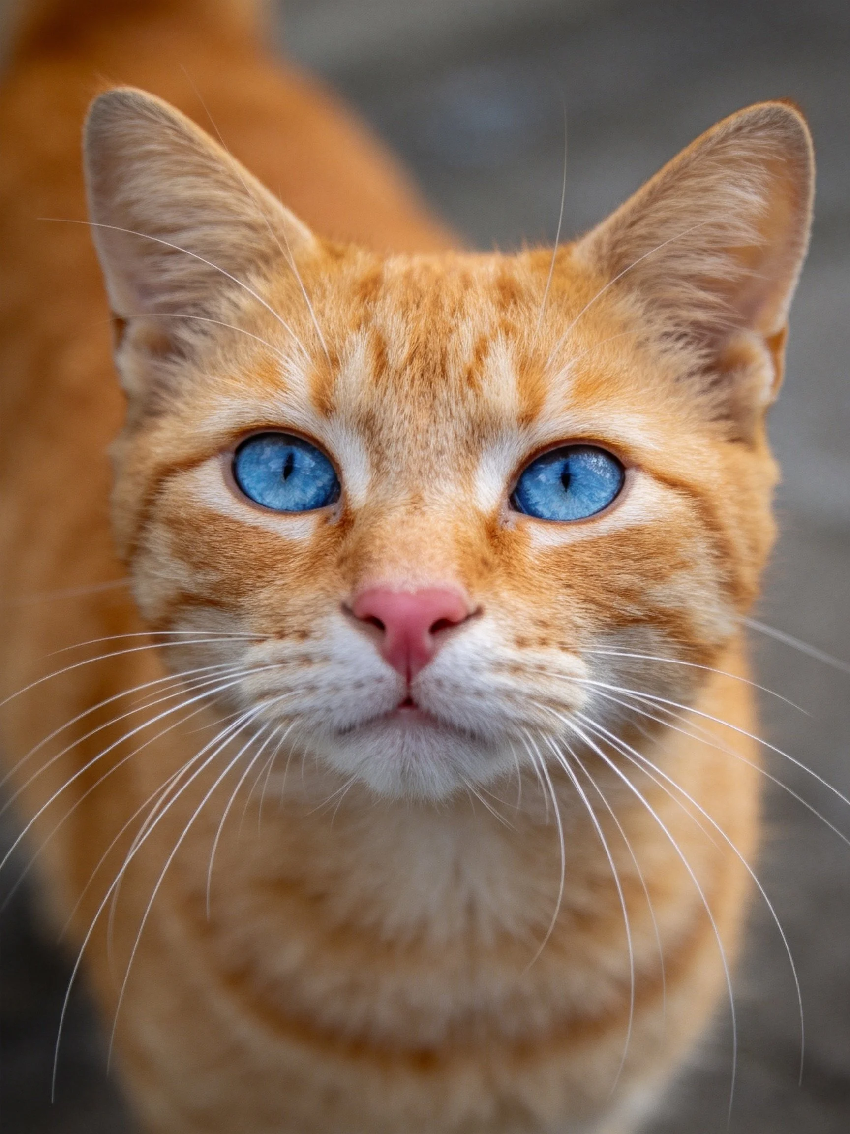 A close-up reveals an orange tabby cat with vivid blue eyes.