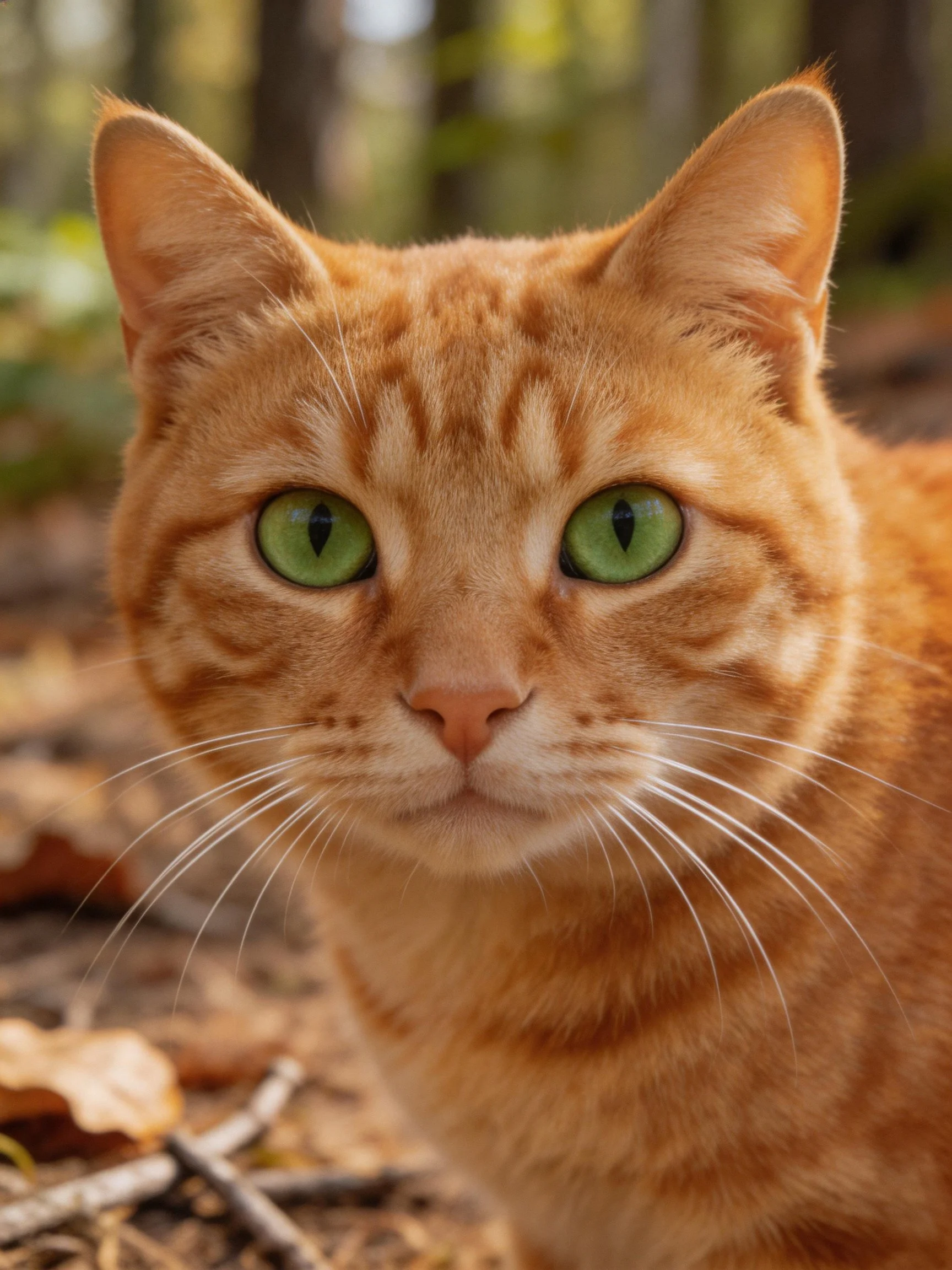 An orange tabby cat with green eyes is photographed closely in nature.