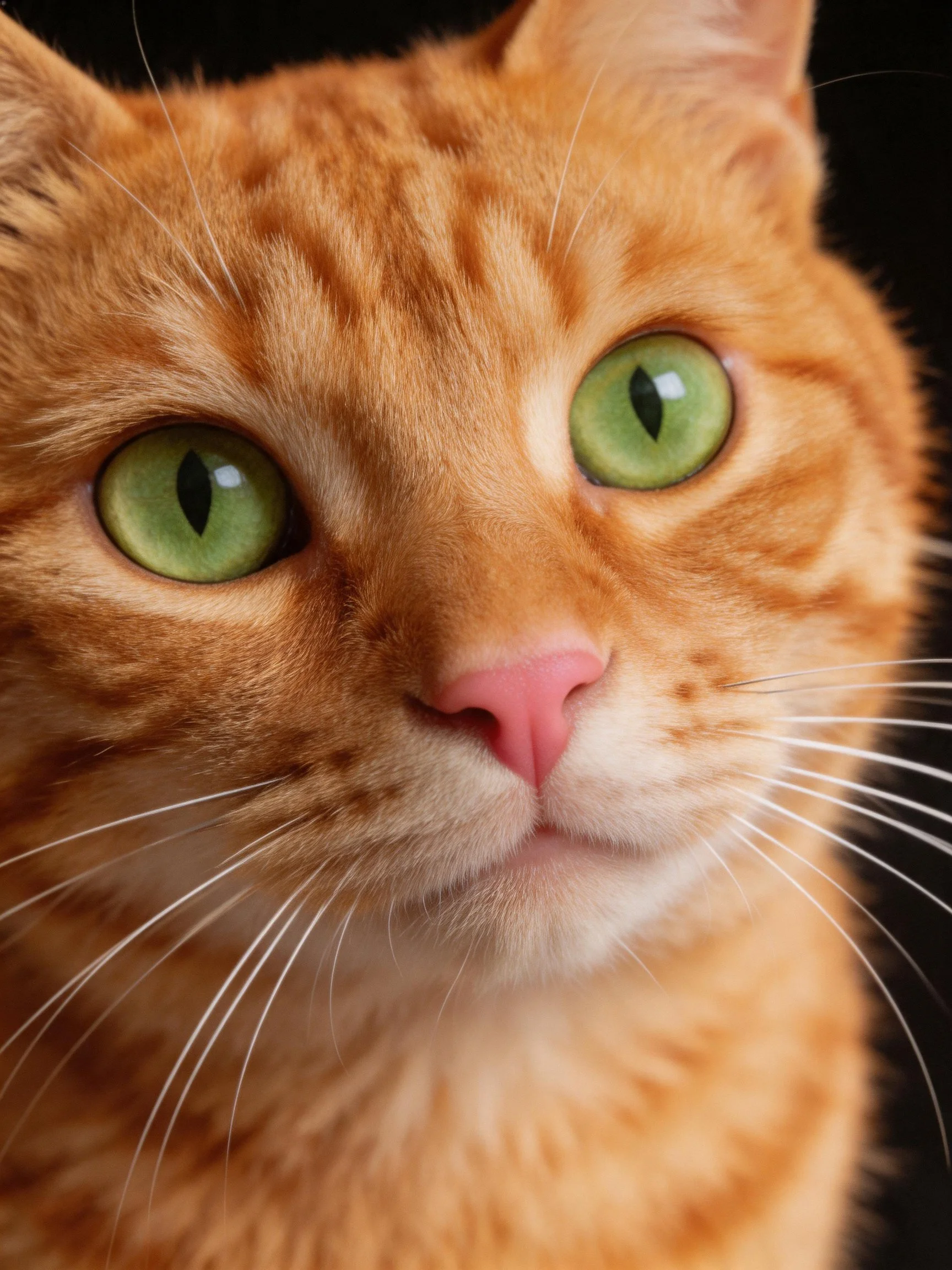 An orange tabby cat with vivid green eyes is photographed closely.