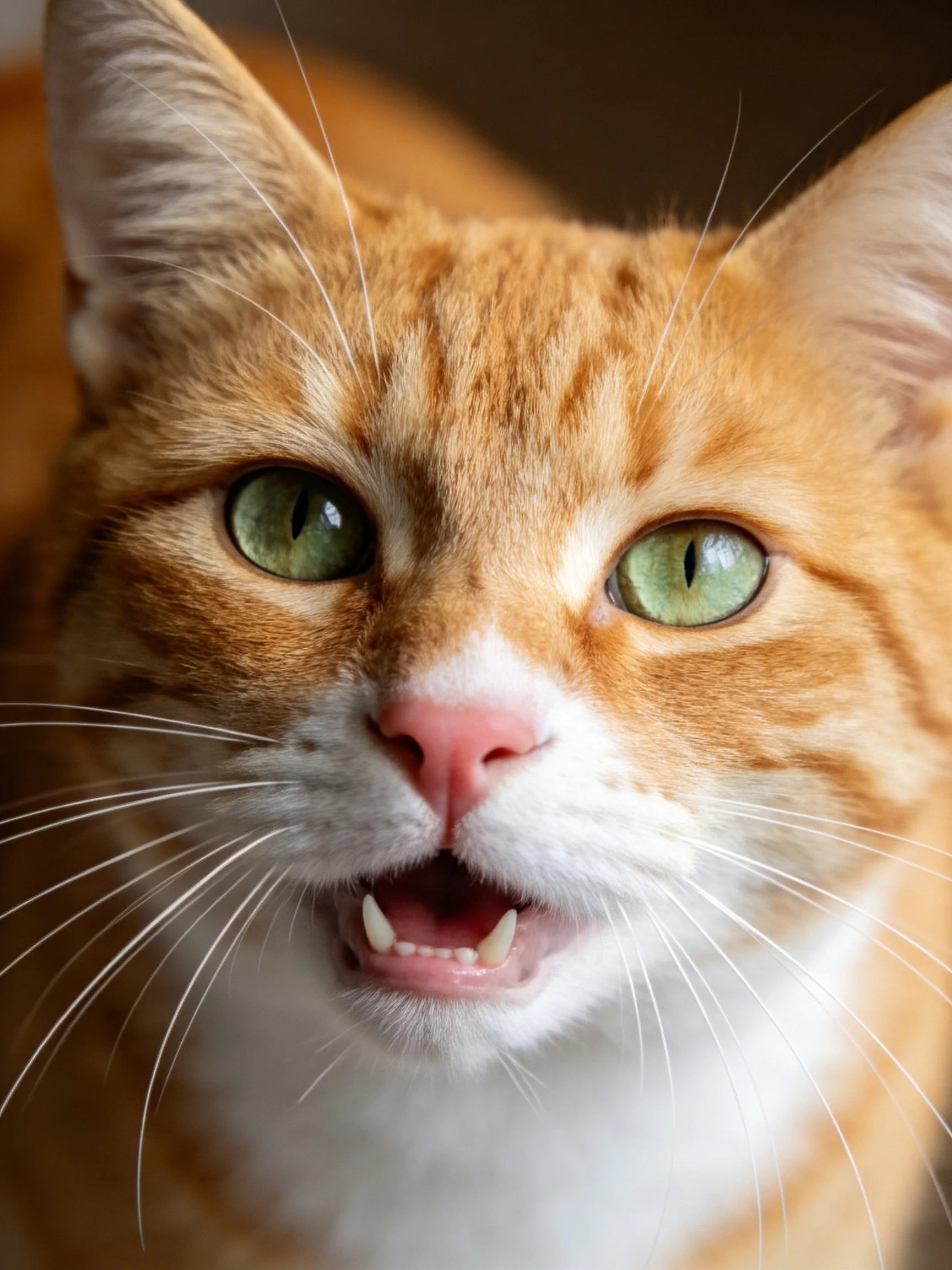 A close-up of an orange tabby cat with green eyes reveals its open mouth.