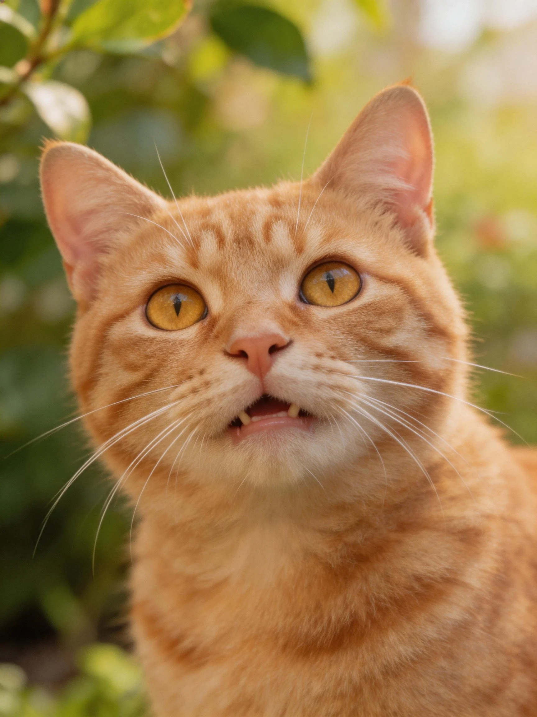An orange tabby cat gazes upward with wide amber eyes amid greenery.