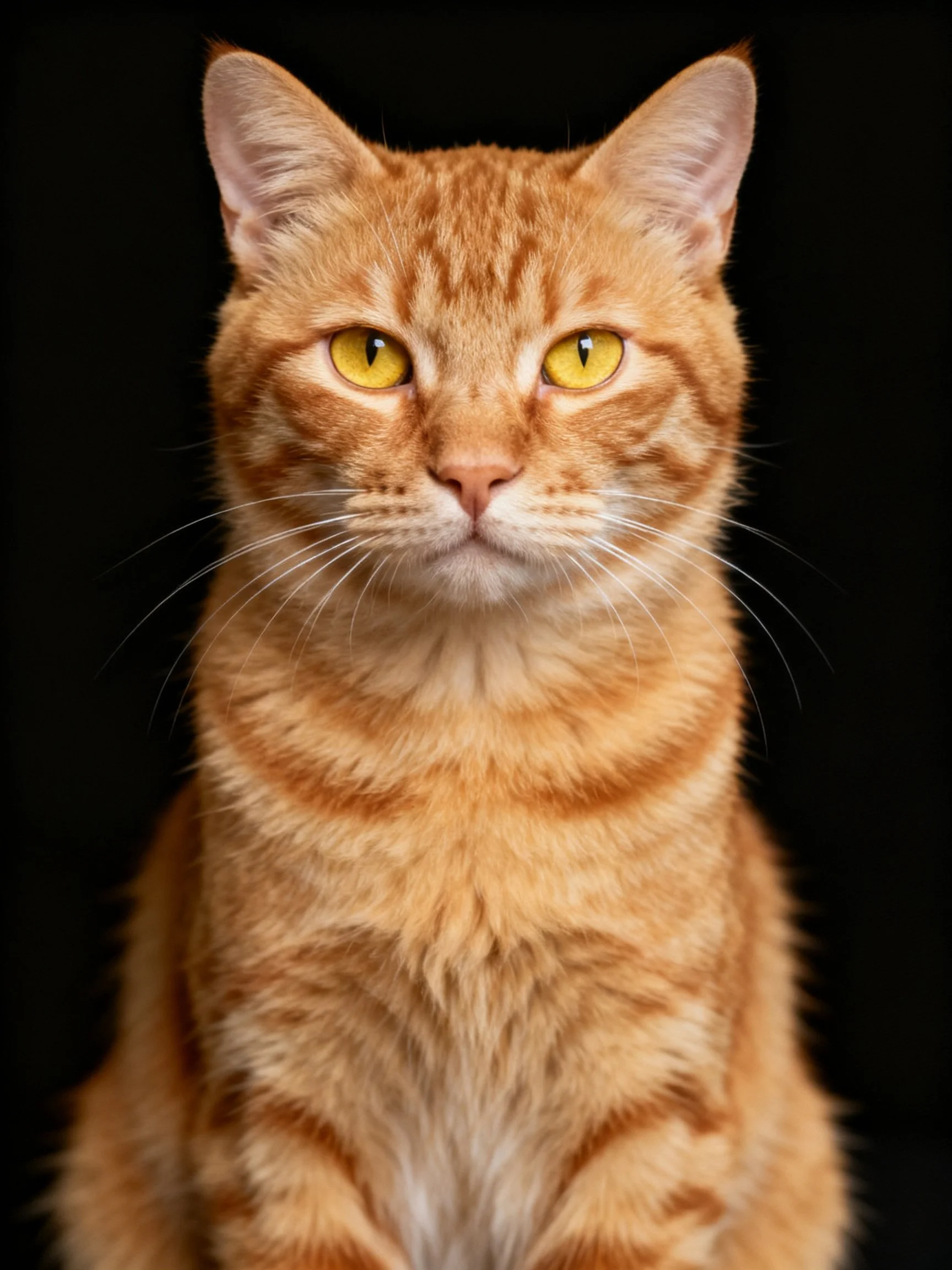 An orange tabby cat with yellow eyes is photographed against a dark background.