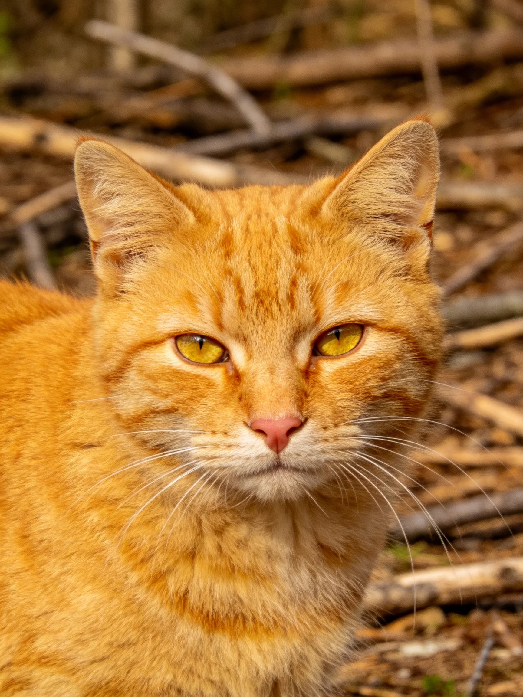 An orange tabby cat with yellow eyes is photographed outdoors near twigs.