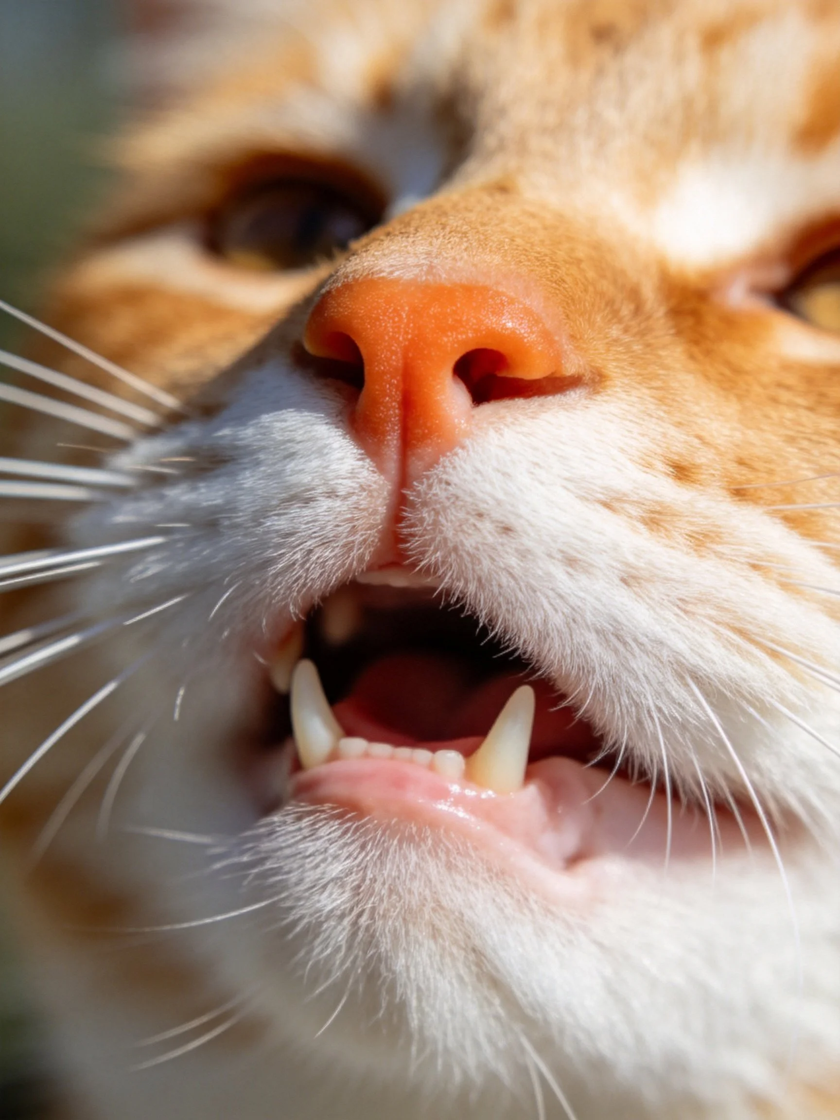 A close-up of an orange tabby cat displays its open mouth and nose.