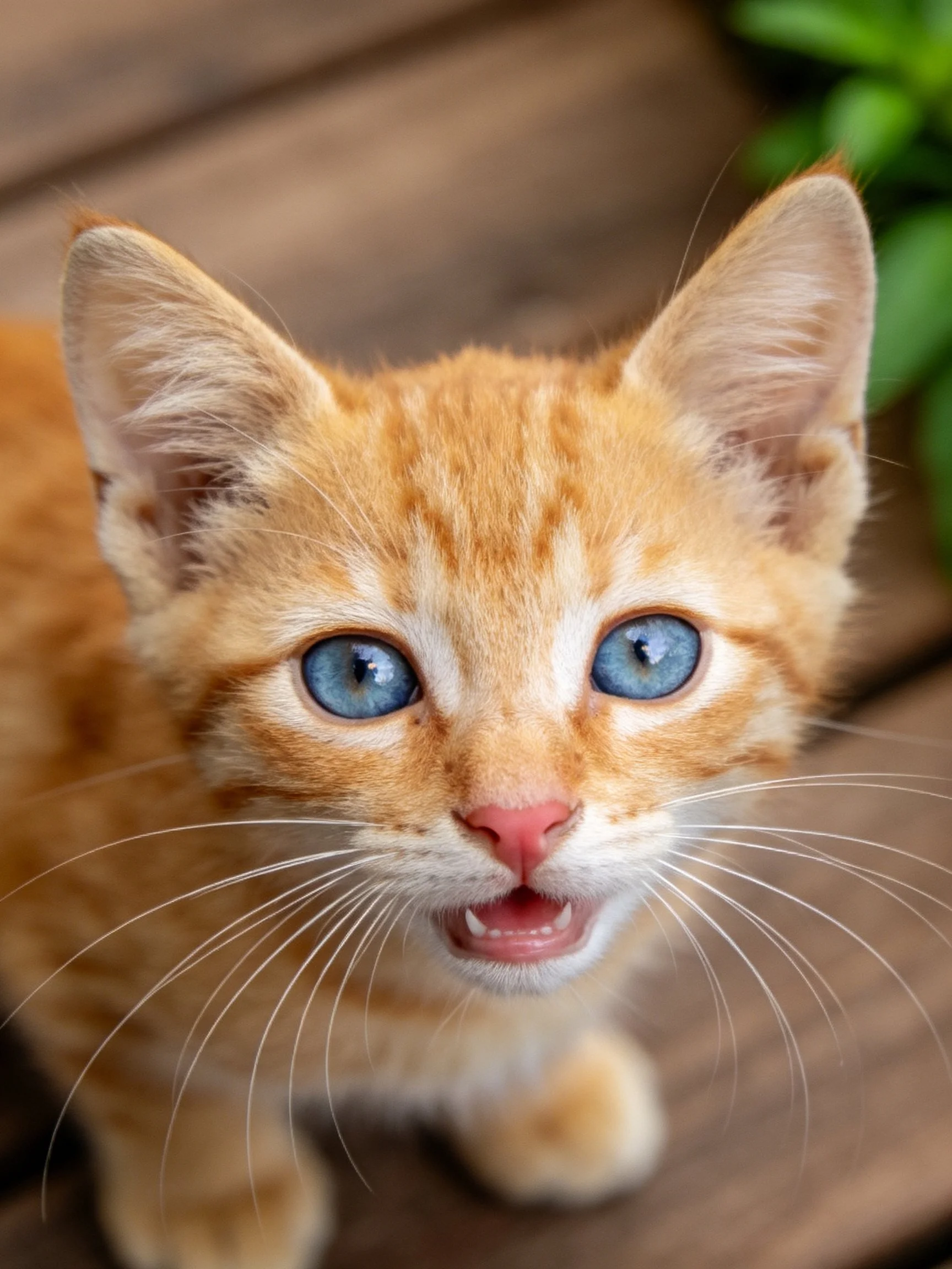An orange tabby kitten with blue eyes is captured in a close - up photograph.