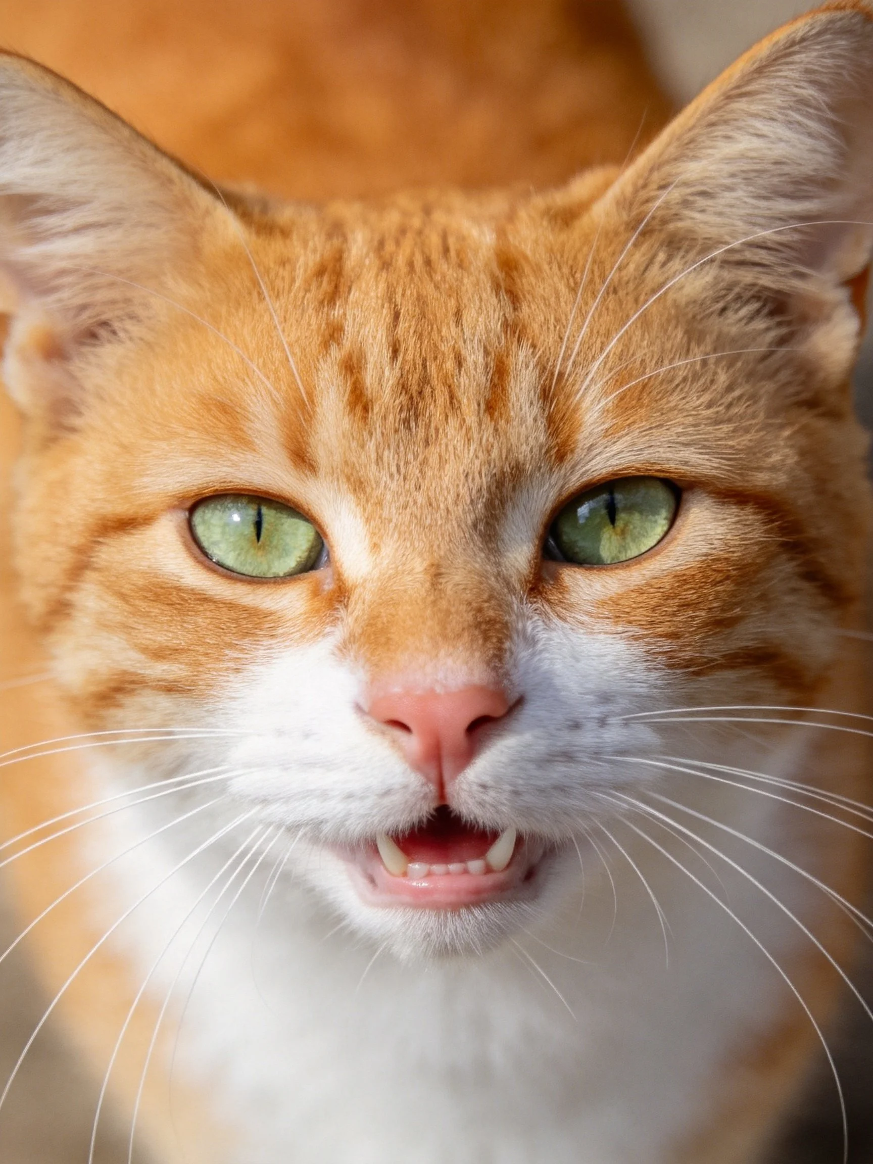 A close - up reveals an orange and white cat with green eyes.