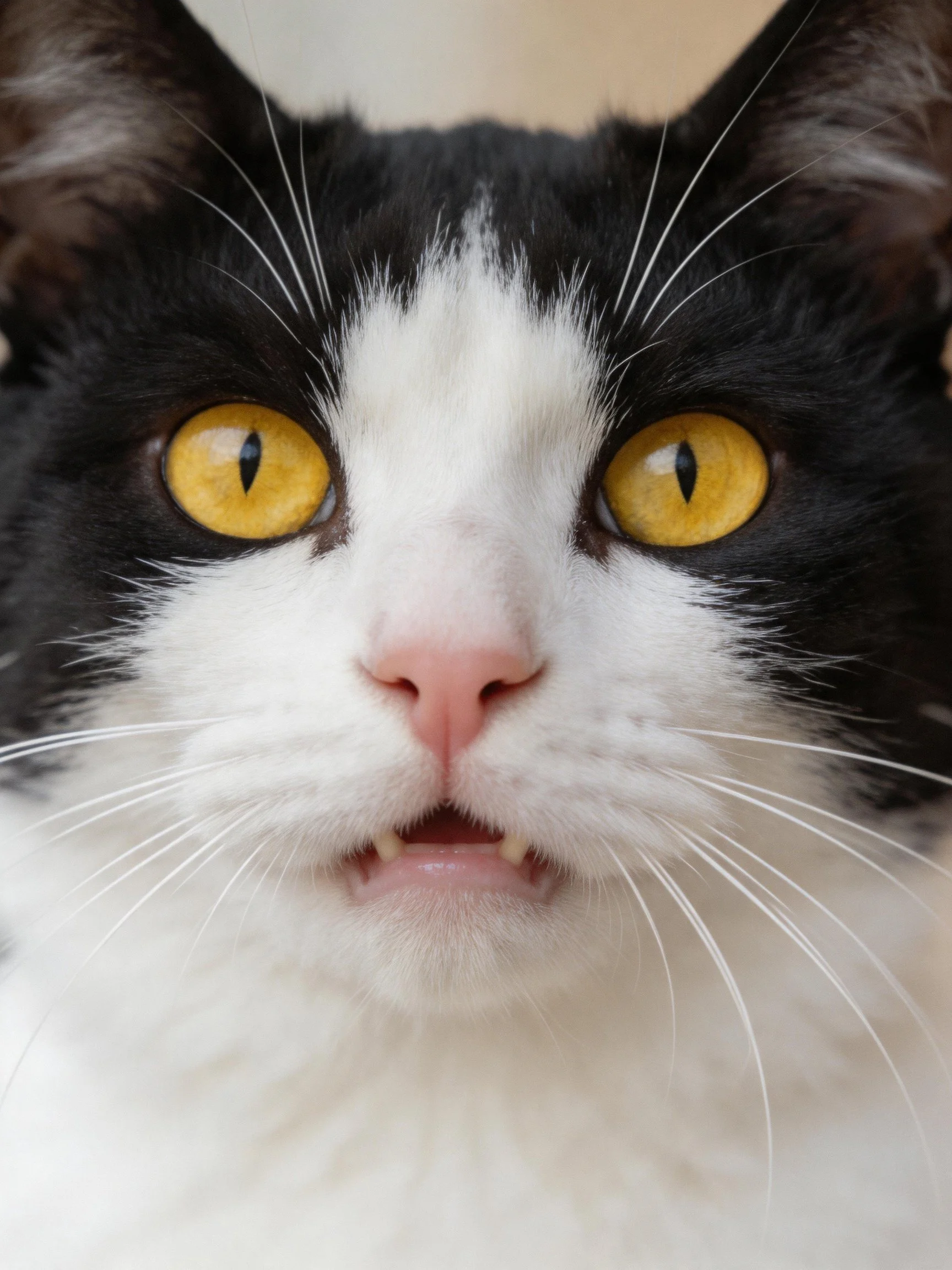 A close - up focuses on a black and white cat featuring bright yellow eyes.