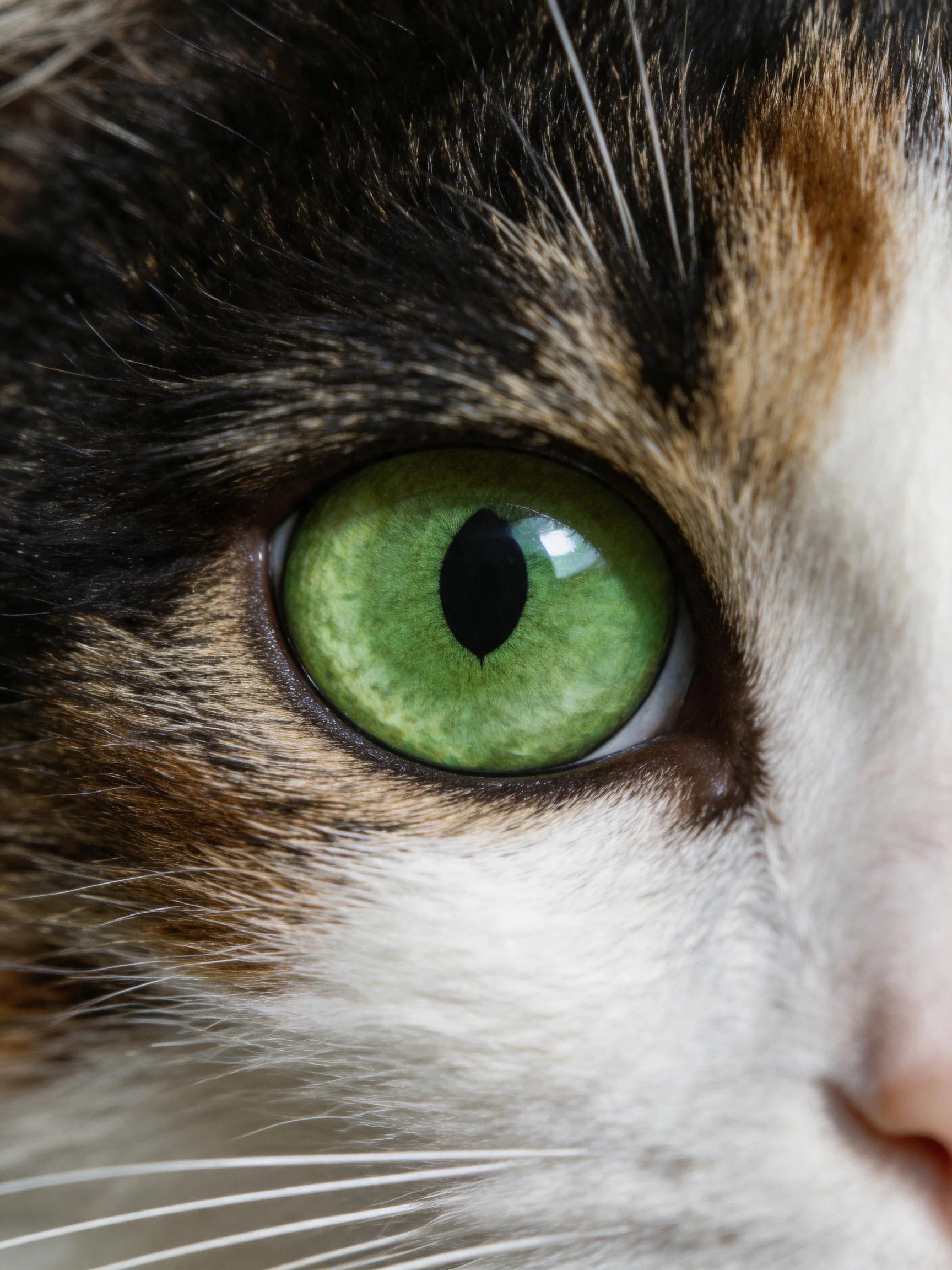 A close - up view of a calico cat’s vivid green eye among mixed fur.