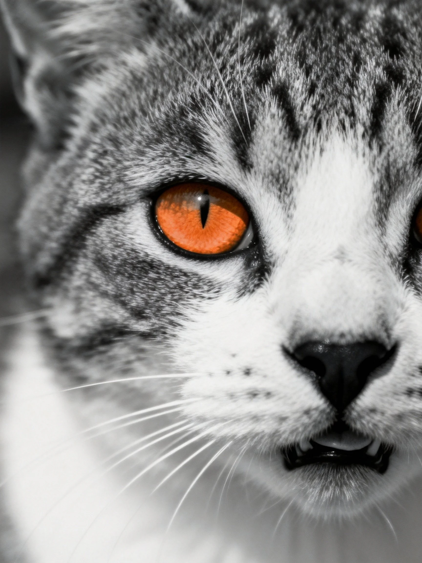 A close - up of a cat’s face featuring a bright orange eye and monochromatic fur.