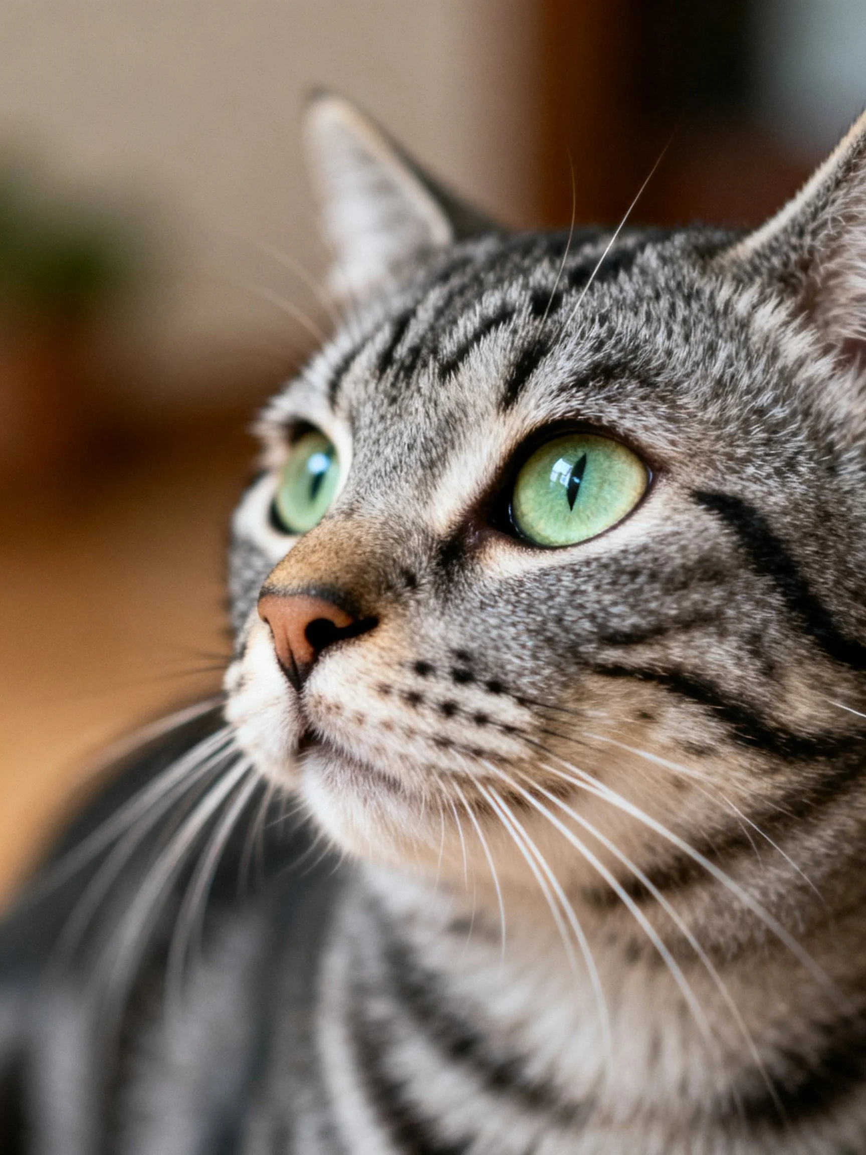 Close - up of gray tabby cat with bright green eyes and striped fur