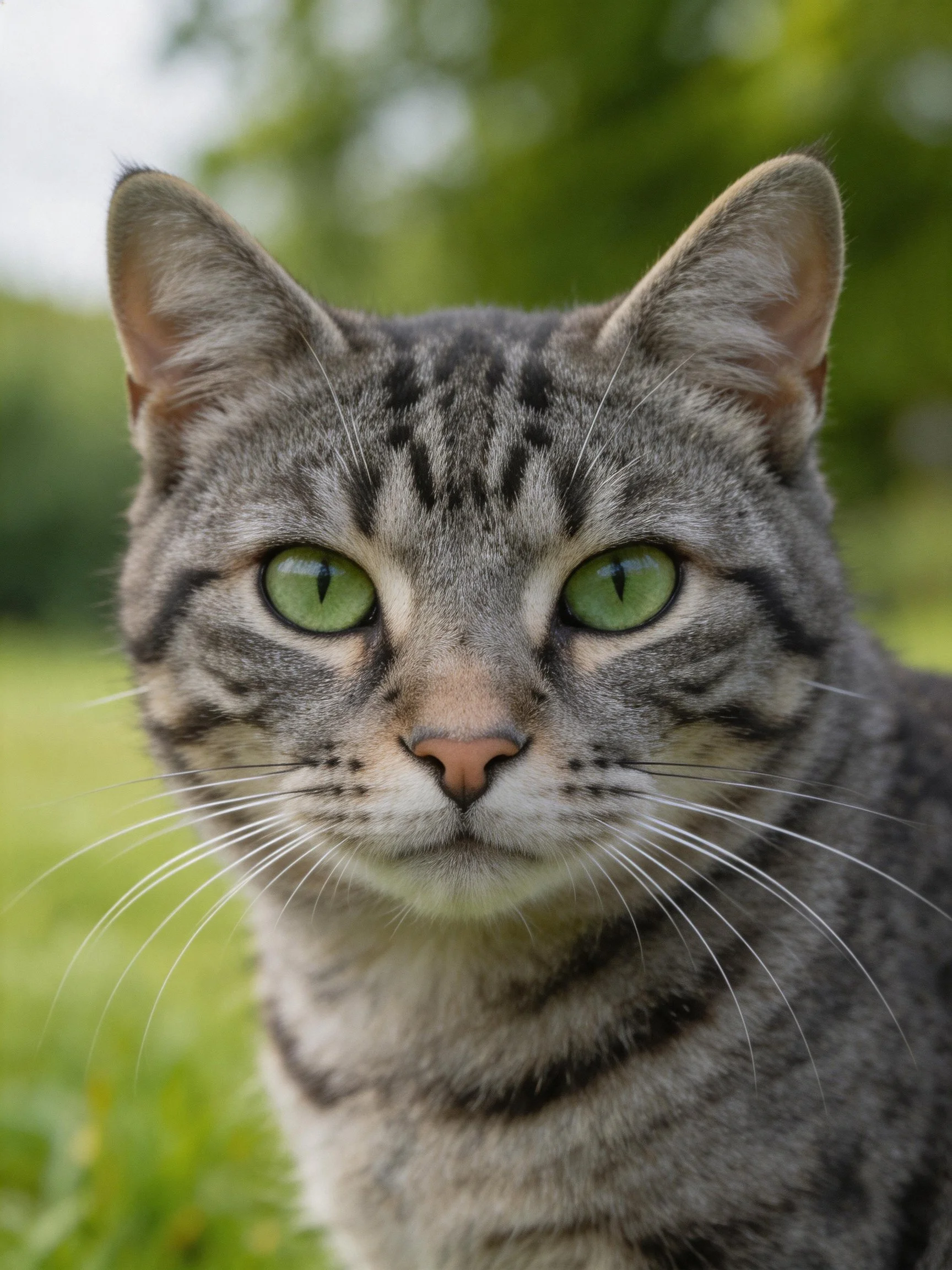 A gray tabby cat with bright green eyes looks directly at the camera in a natural outdoor scene.