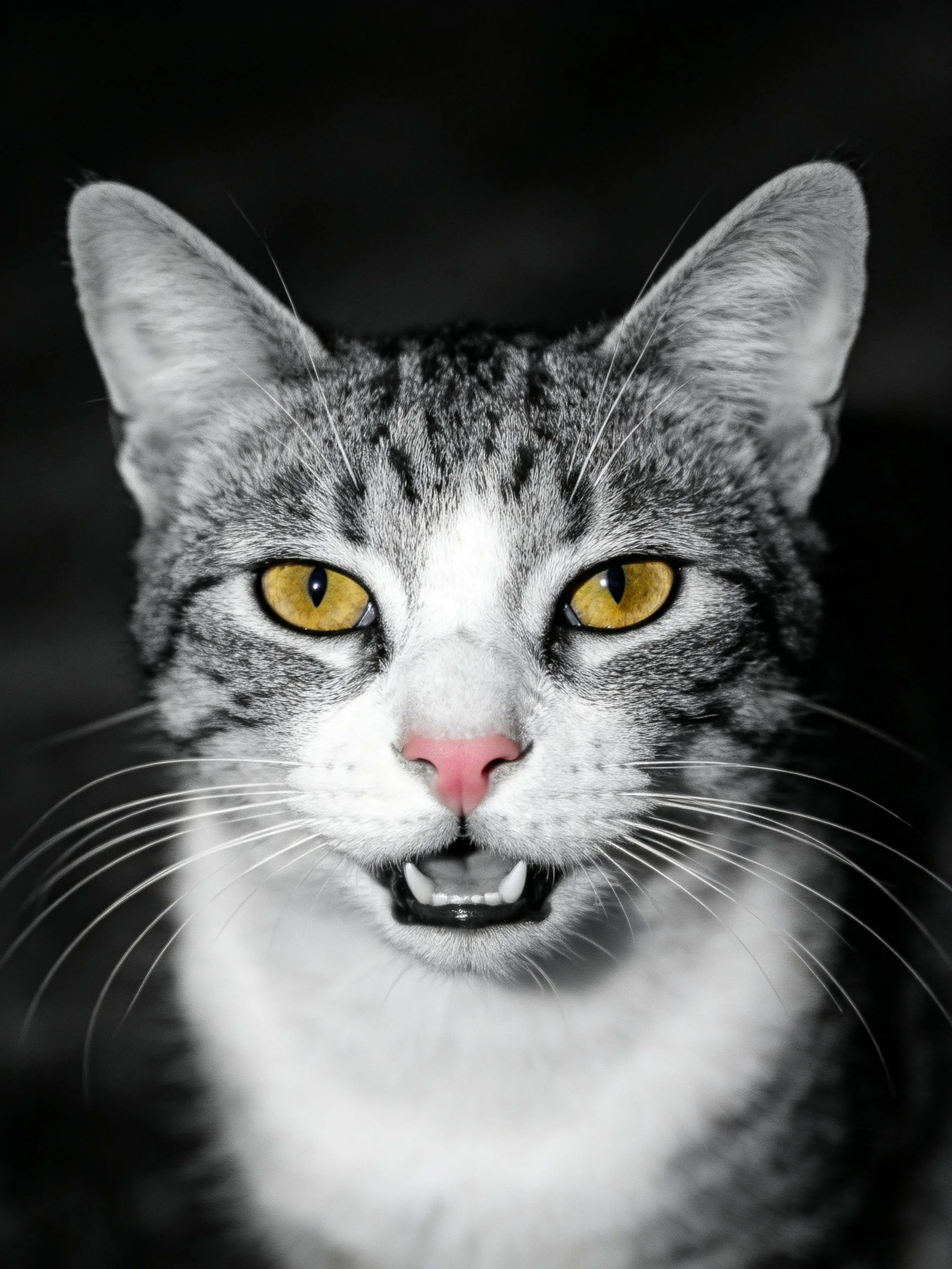 Close - up of gray tabby cat with yellow eyes and pink nose