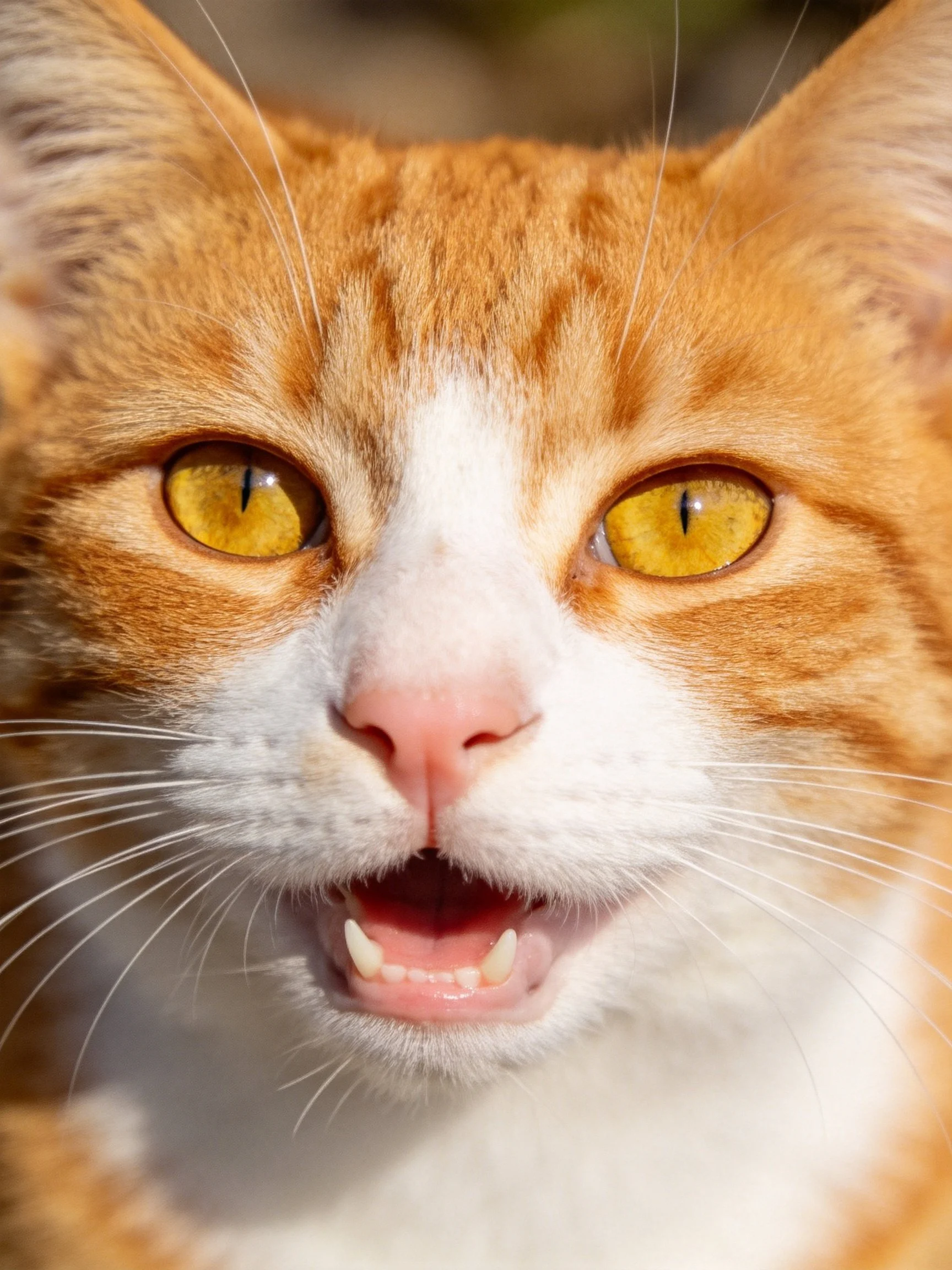 Close-up of an orange and white cat displaying bright yellow eyes and an open mouth.