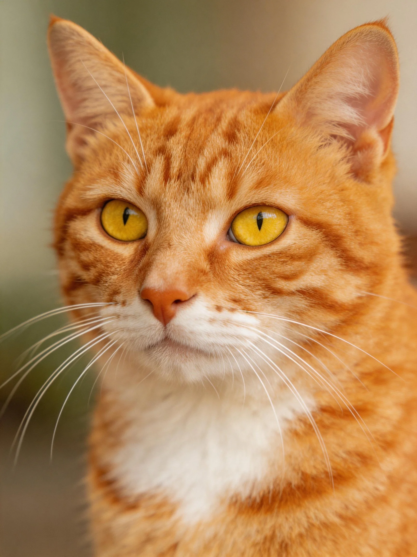 Close-up of orange tabby cat with striking yellow eyes.