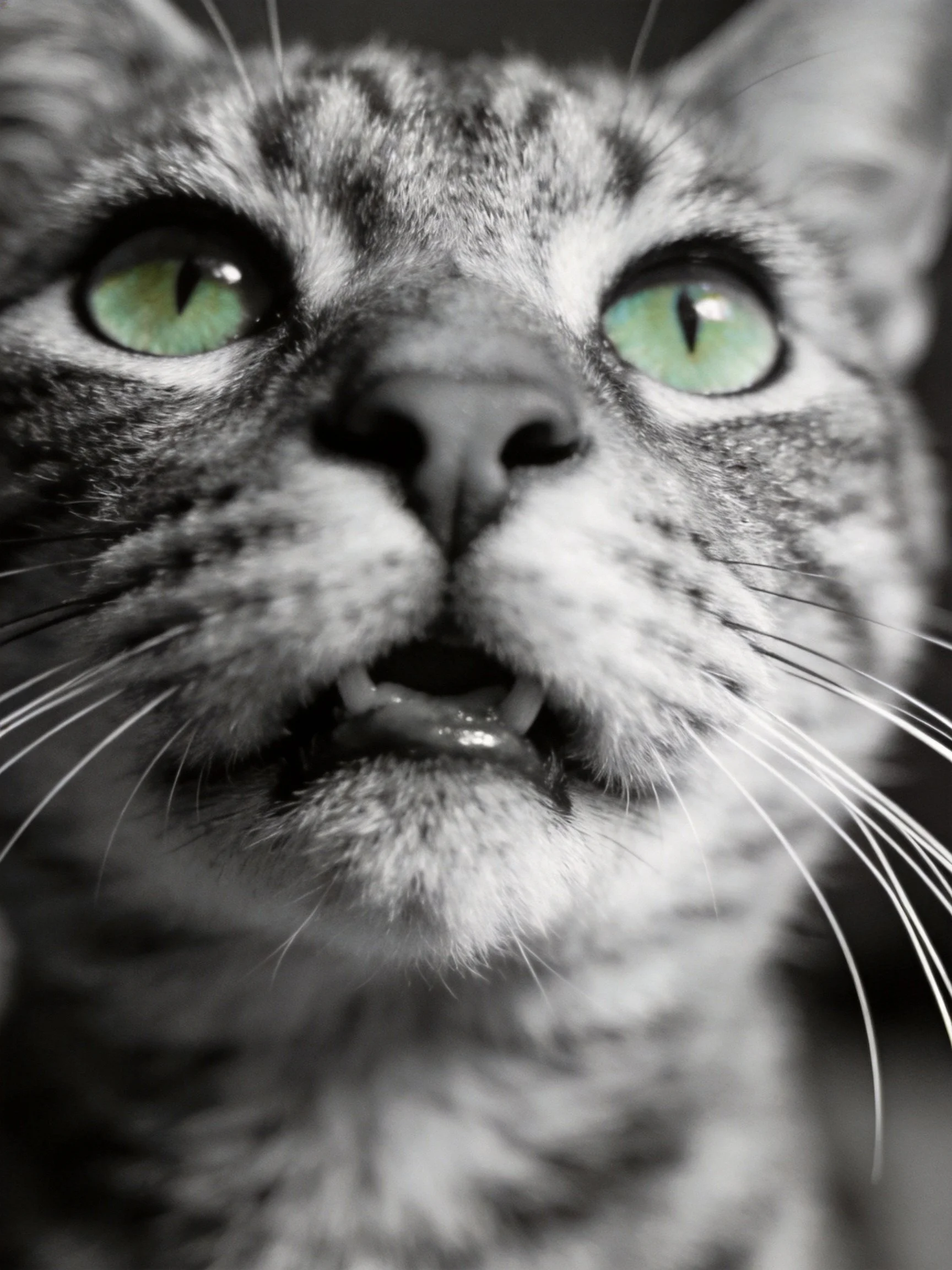 Tabby cat with vivid green eyes is shown in a close - up.