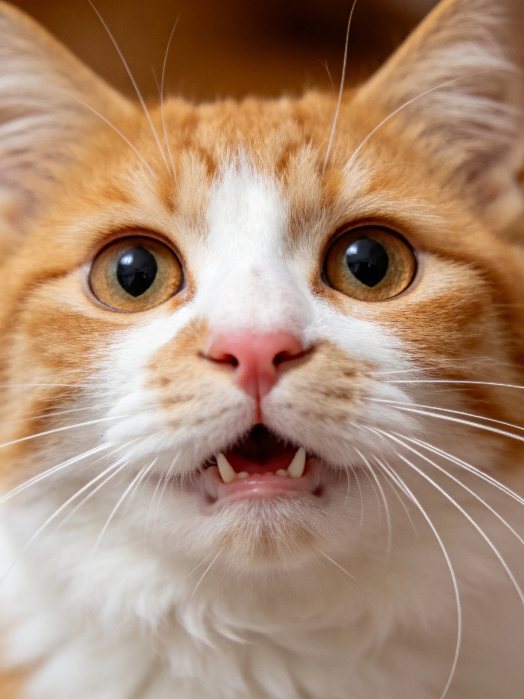 A close - up of an orange and white cat displays wide eyes.