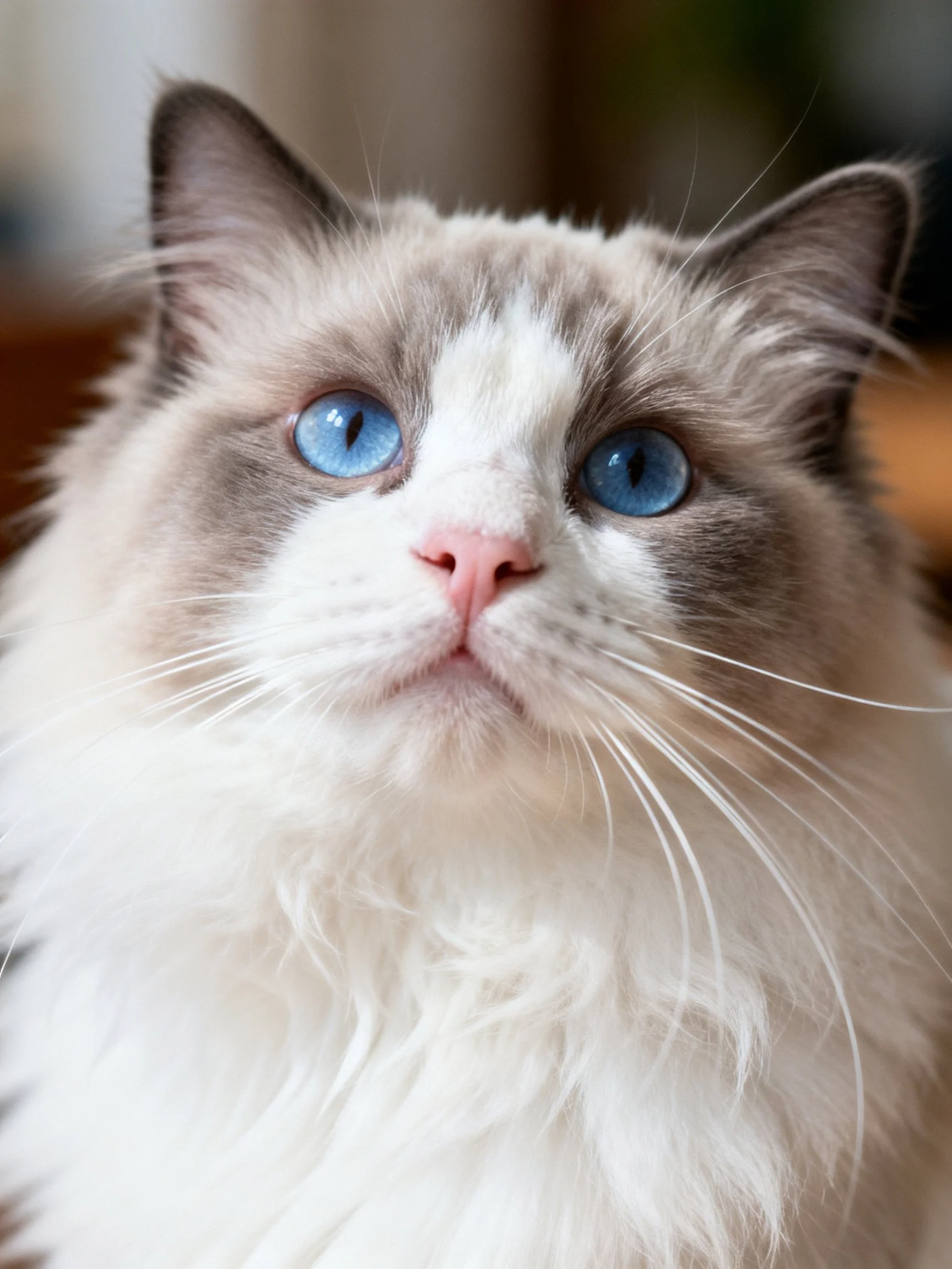 Close-up portrait of a Ragdoll cat with bright blue eyes