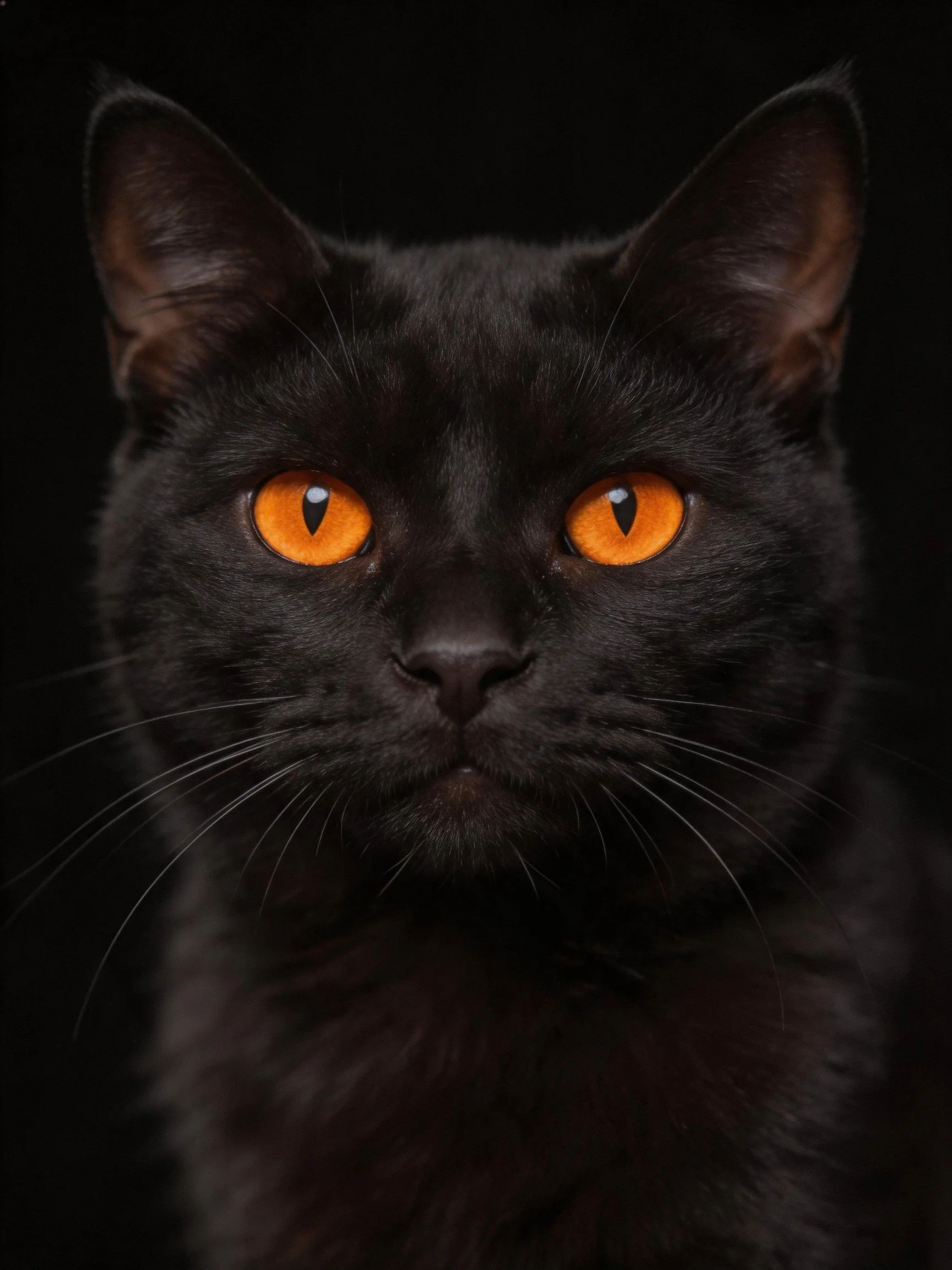 Close-up portrait of a black cat with vivid orange eyes