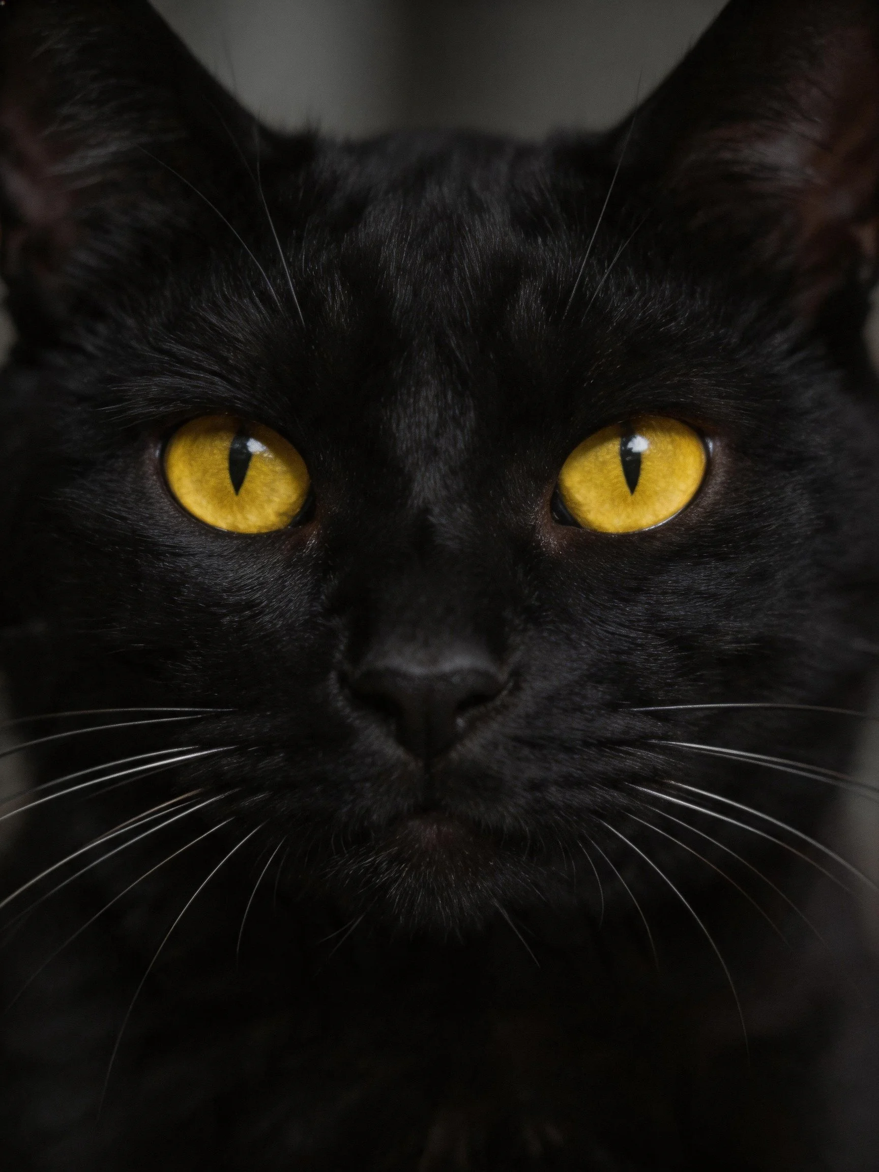 Close-up portrait of a black cat with vivid yellow eyes