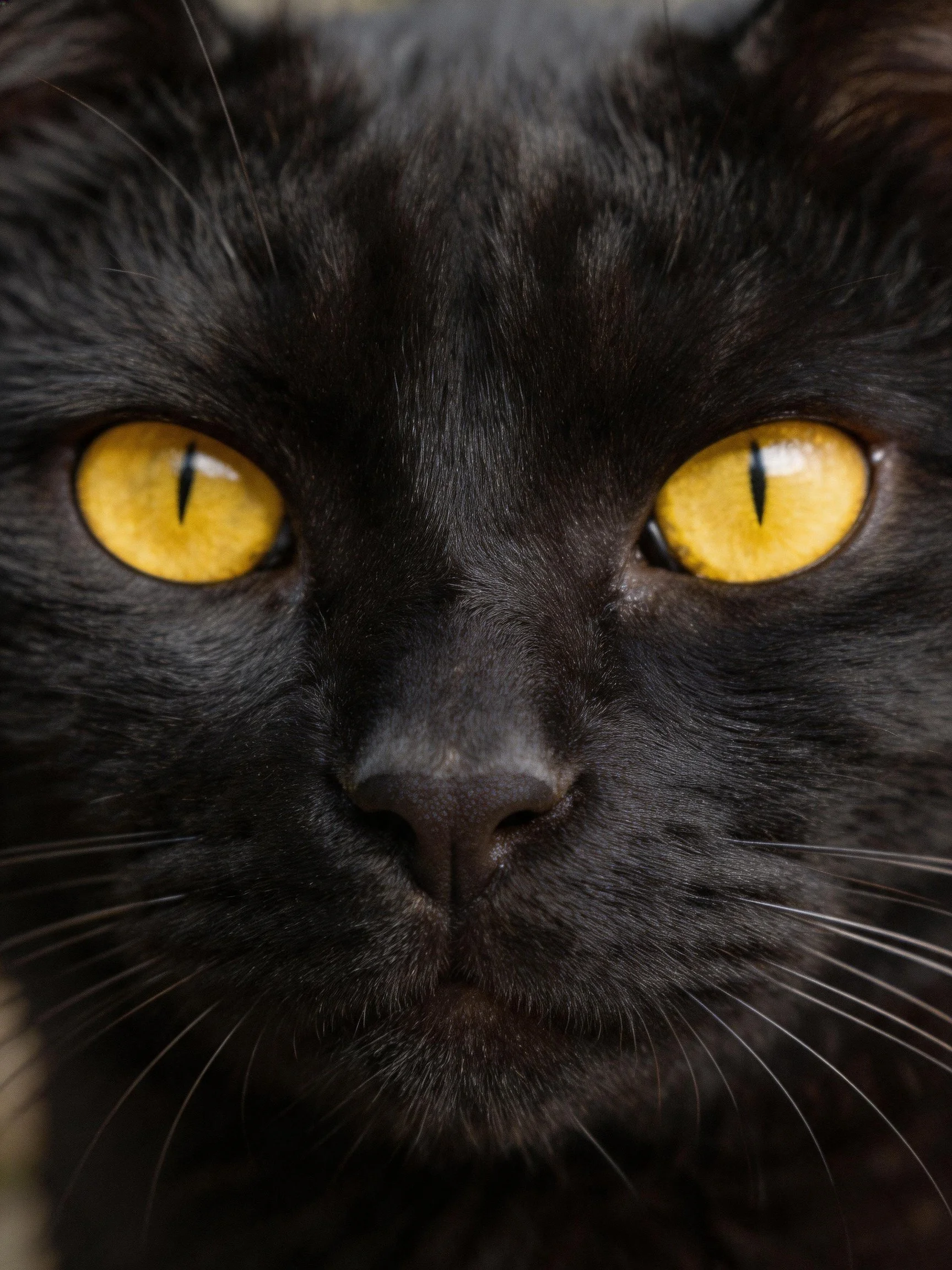 A close-up showcases a black cat with bright yellow eyes.