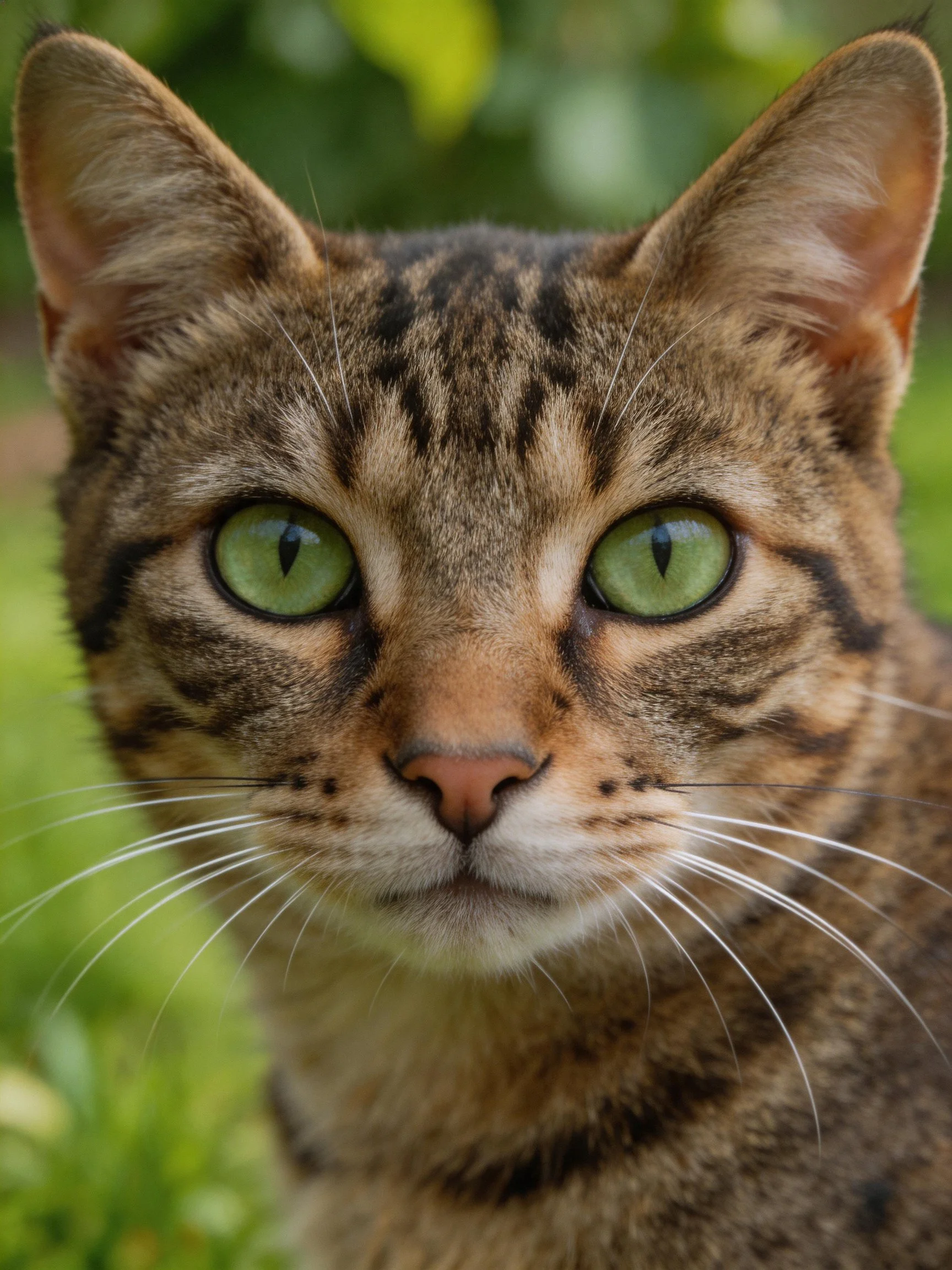 A brown tabby cat with bright green eyes is photographed up close.