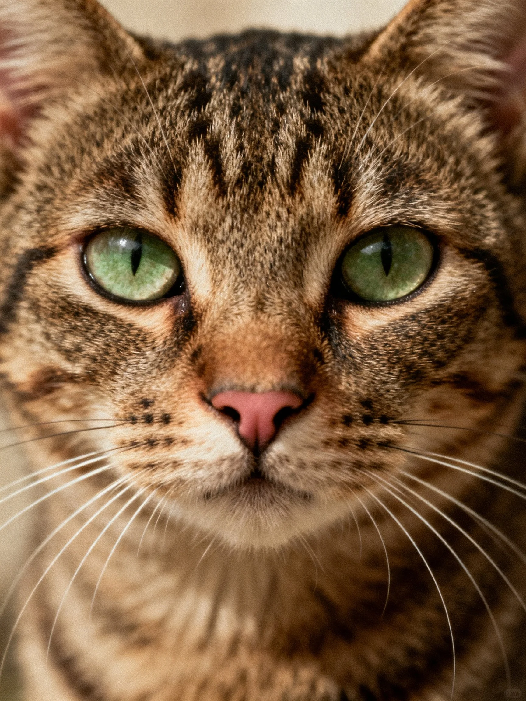 Close - up portrait of a brown tabby cat with bright green eyes