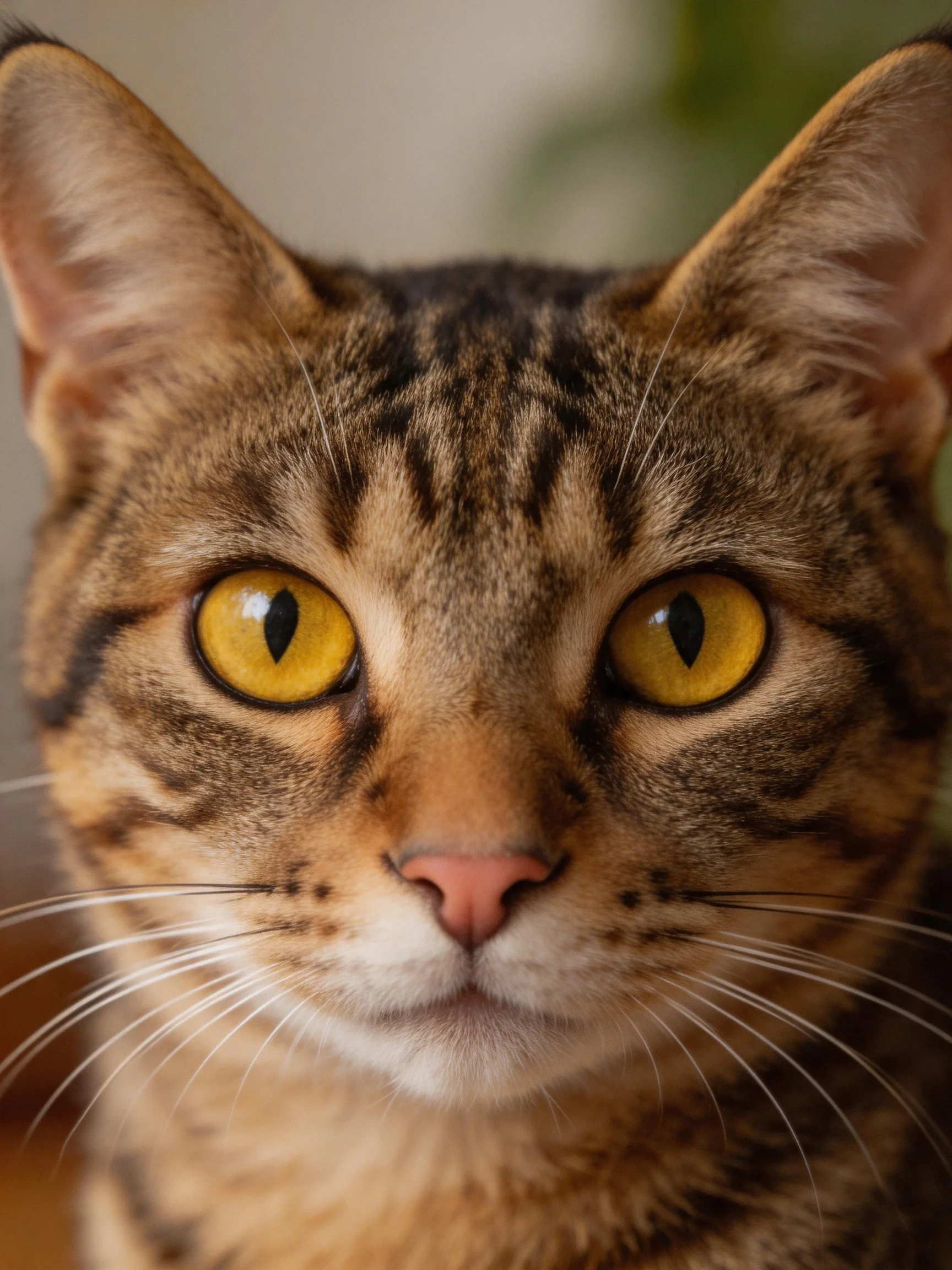 A brown tabby cat with bright yellow eyes is featured in a close-up.