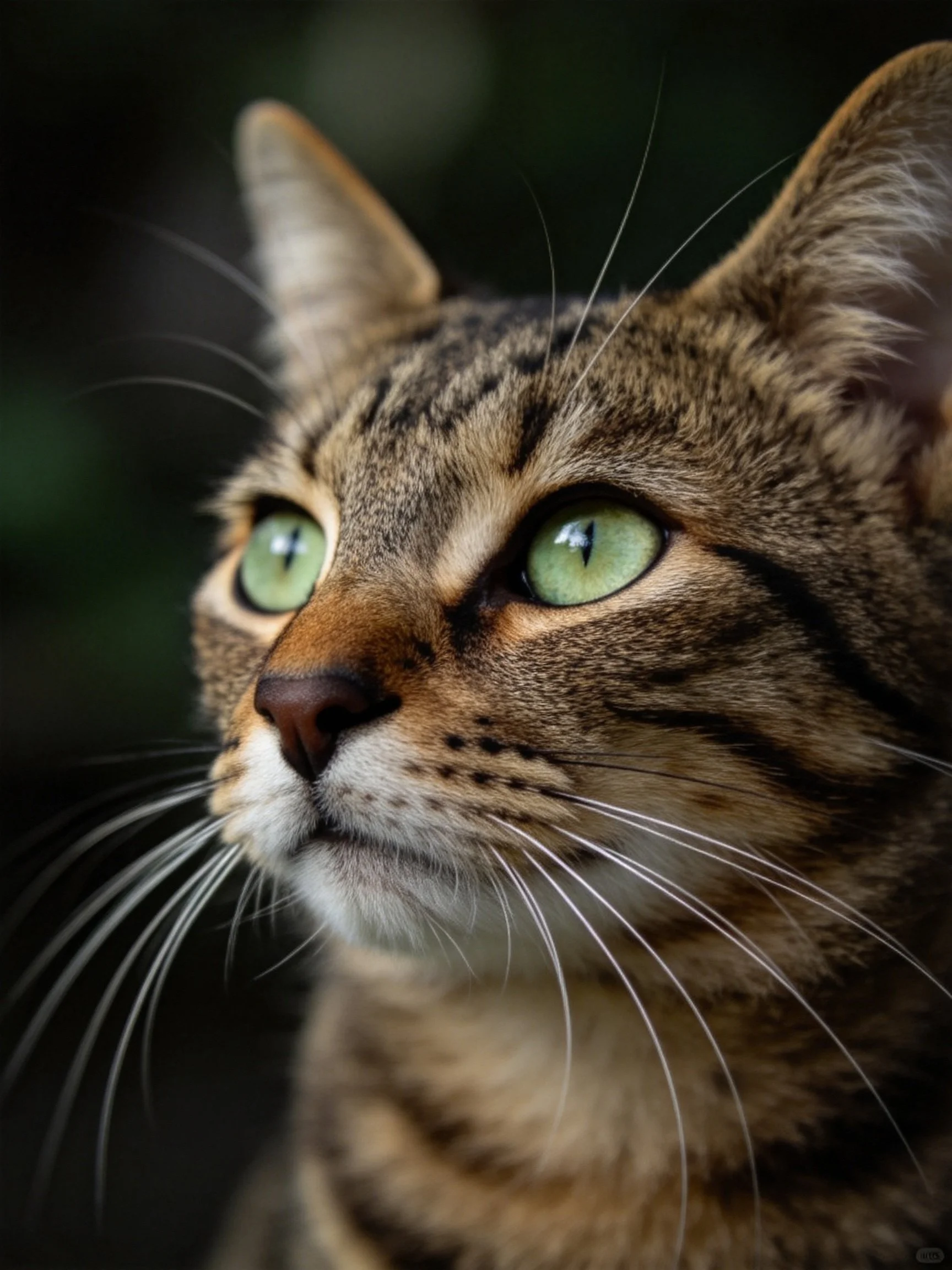 Close-up portrait of a brown tabby cat with green eyes