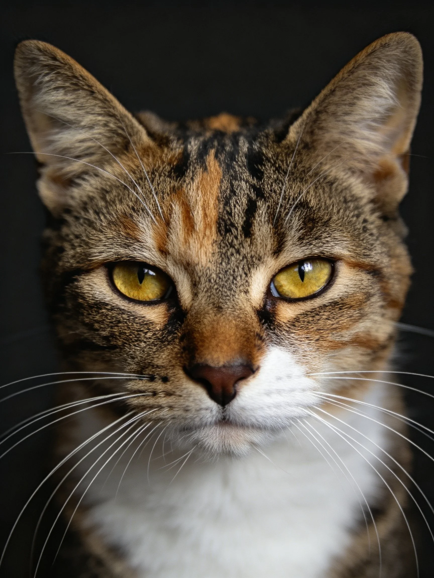 A close - up reveals a calico cat with vibrant yellow eyes and diverse fur patterns.