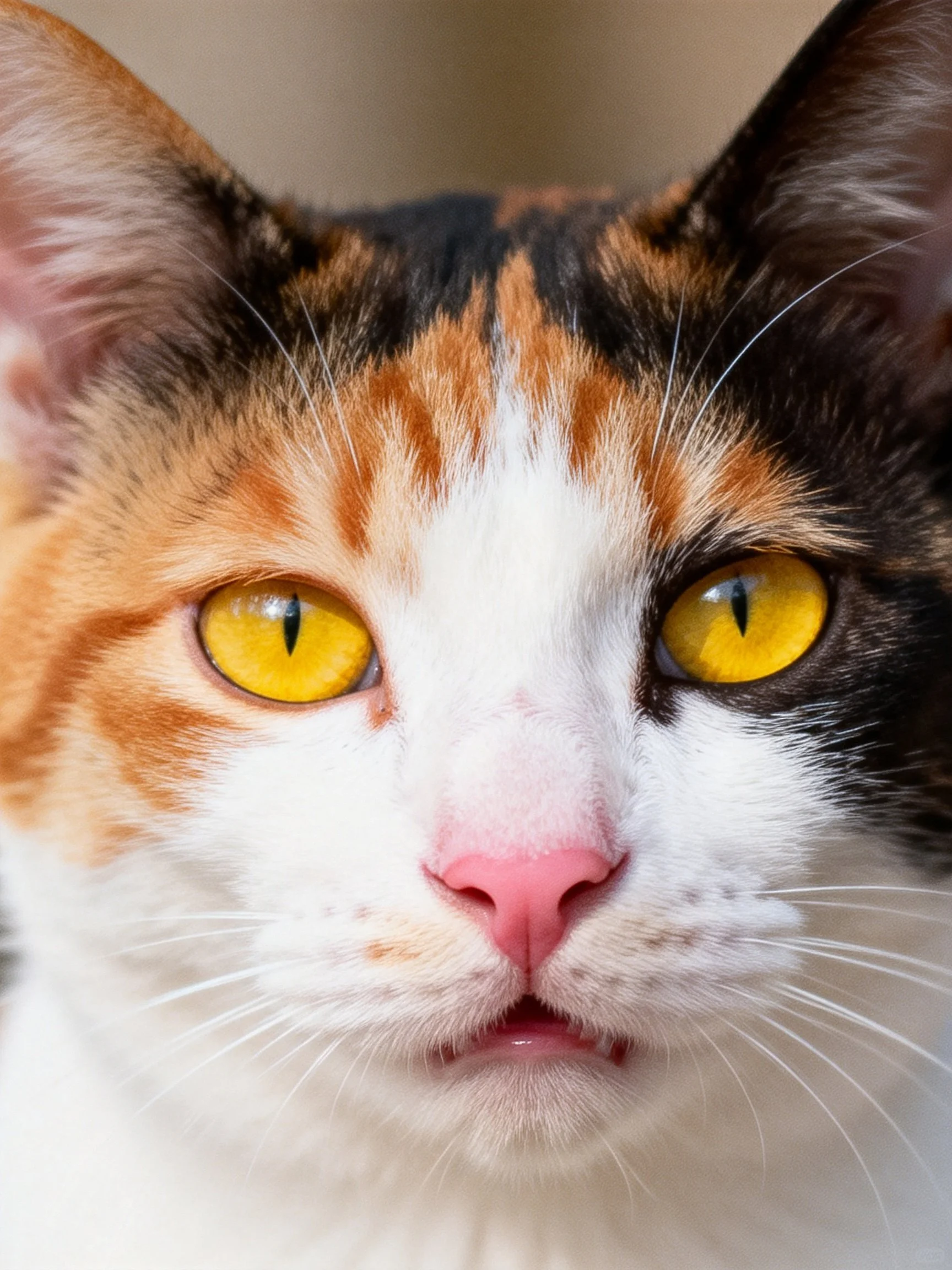 Close - up portrait of a calico cat with yellow eyes and pink nose